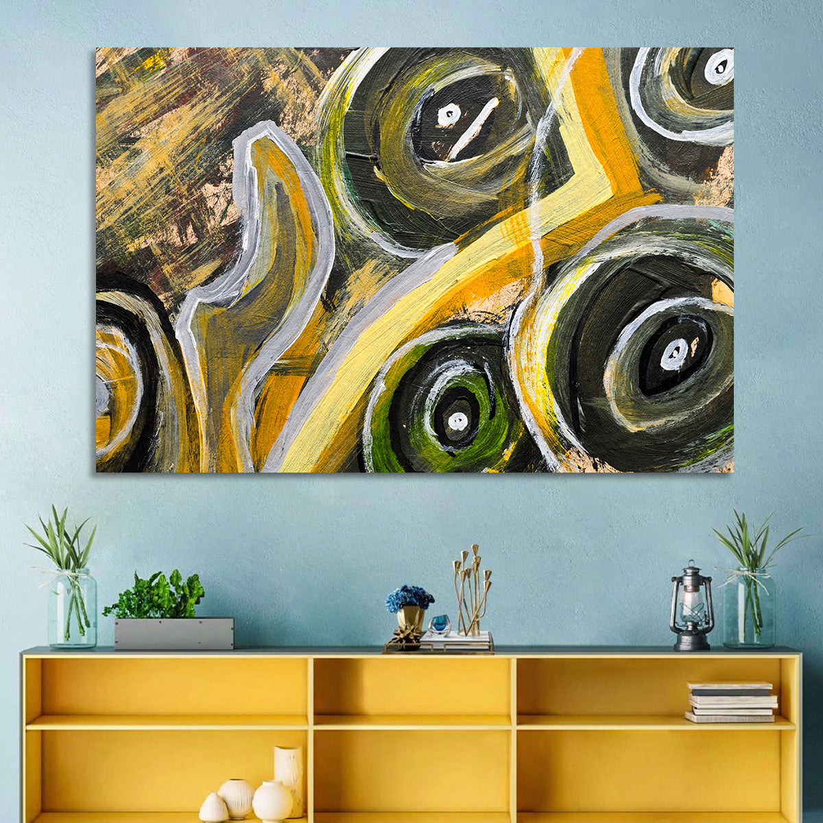 Impasto Swirl Circles in Yellow and Black Wall Art in a room, landscape