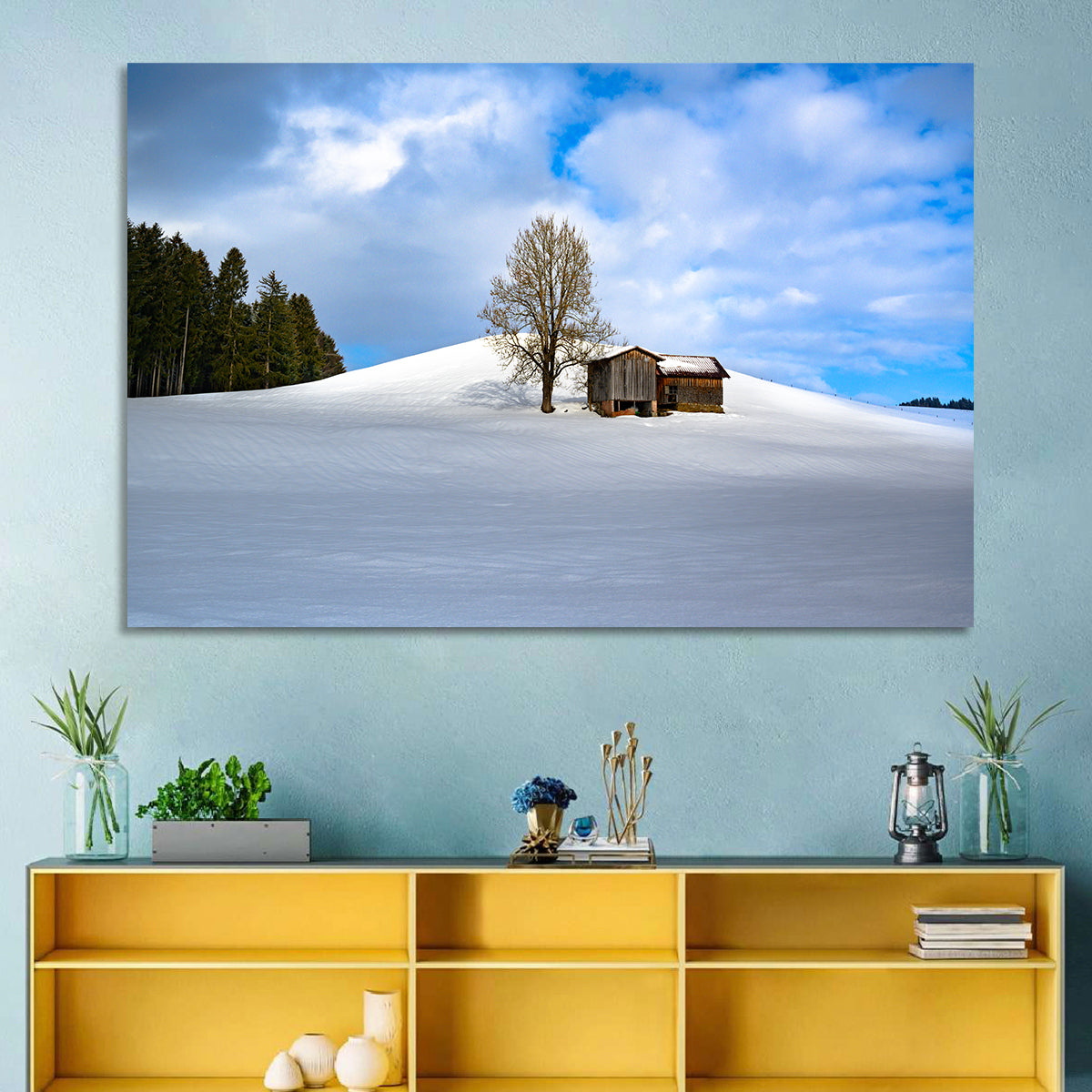 Rustic Barn on a Snowy Hill Wall Art in a room, landscape