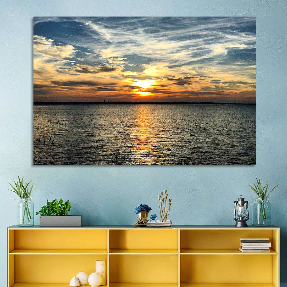 Texoma Lake Sunset Wall Art in a room, landscape