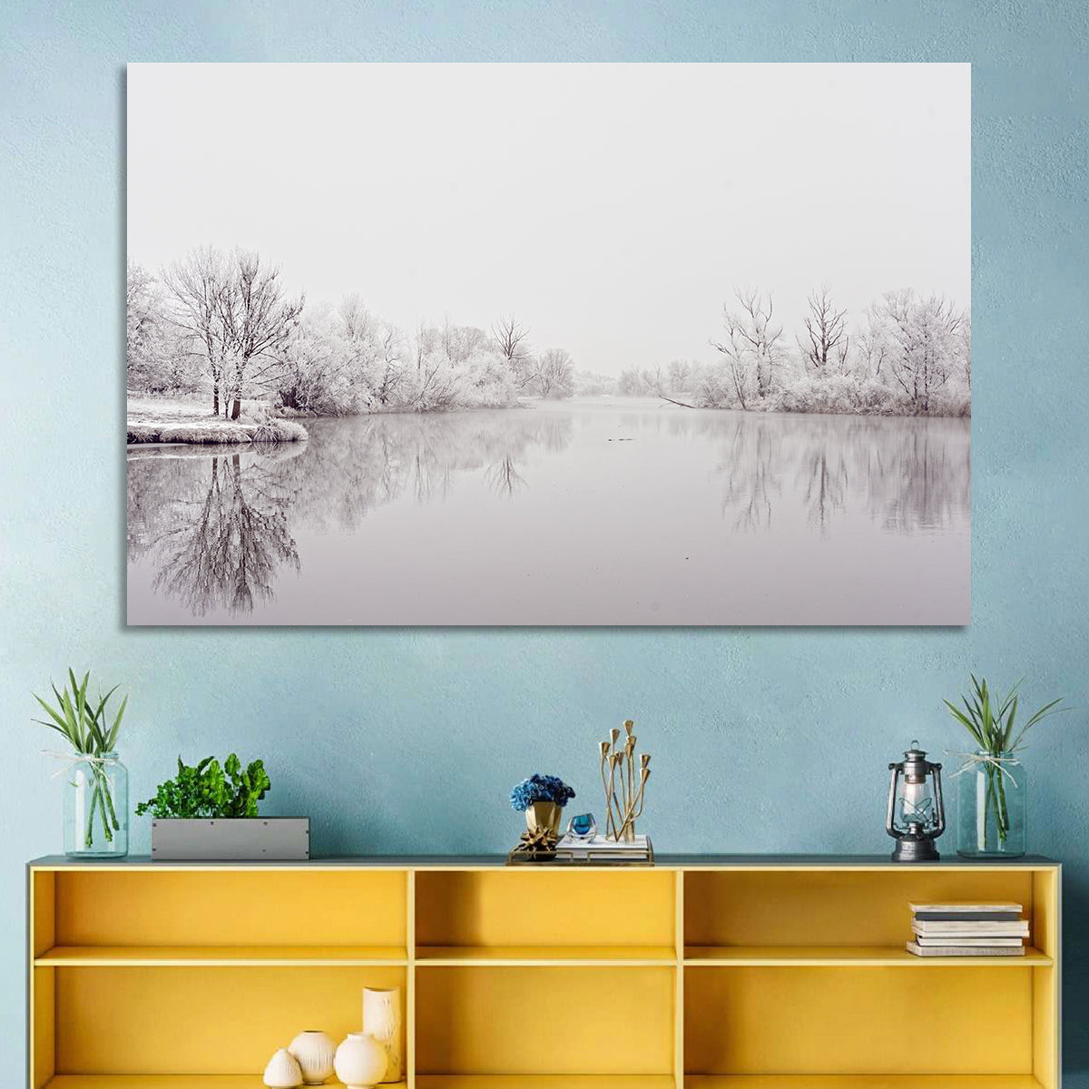 Frozen River Reflection in Winter Fog Wall Art in a room, landscape