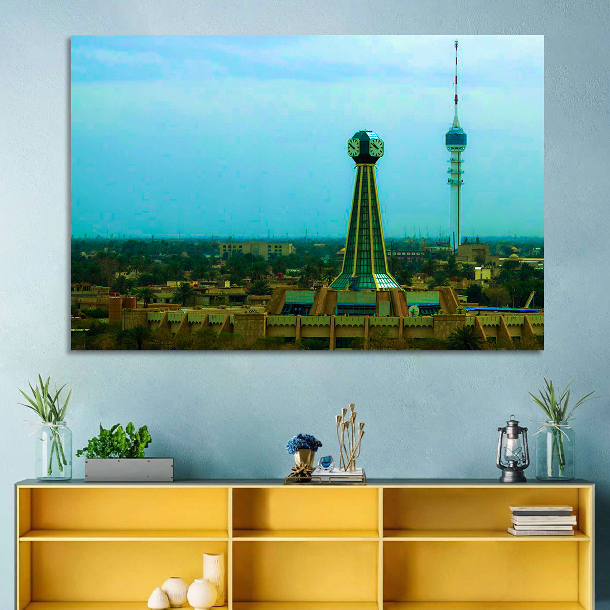 Baghdad Clock Tower Cityscape Wall Art in a room, landscape