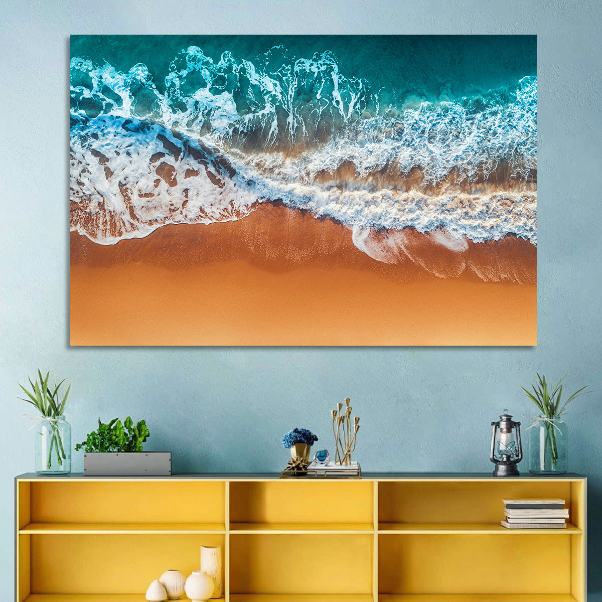 Aerial Beach Waves Wall Art in a room, landscape