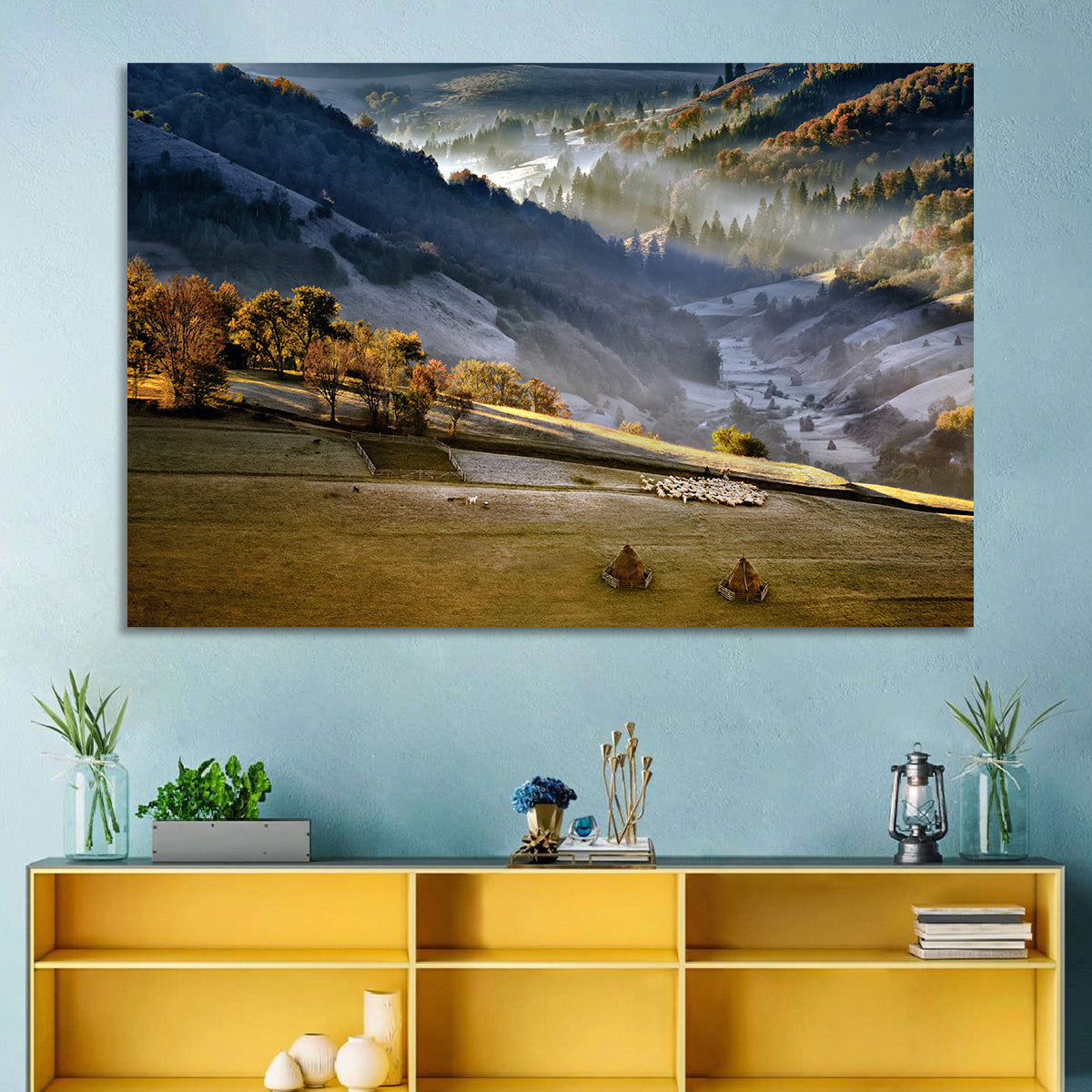 Mountain Village in Morning Mist Wall Art in a room, landscape