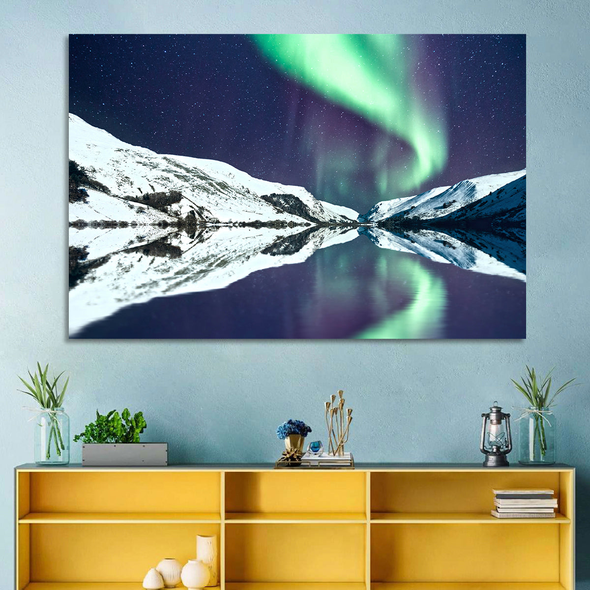 Emerald Aurora Over Mirror Lake Wall Art in a room, landscape