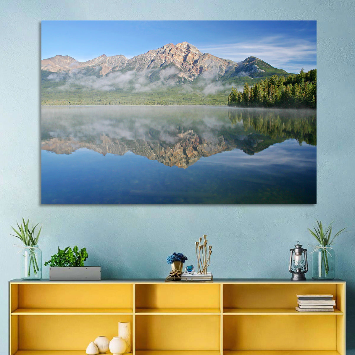 Pyramid Mountain Reflection Wall Art in a room, landscape