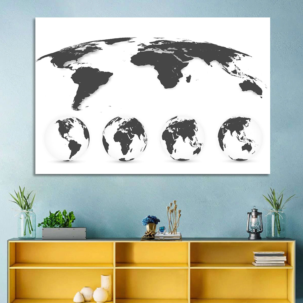 Stylized World Map and Globe Icons Wall Art