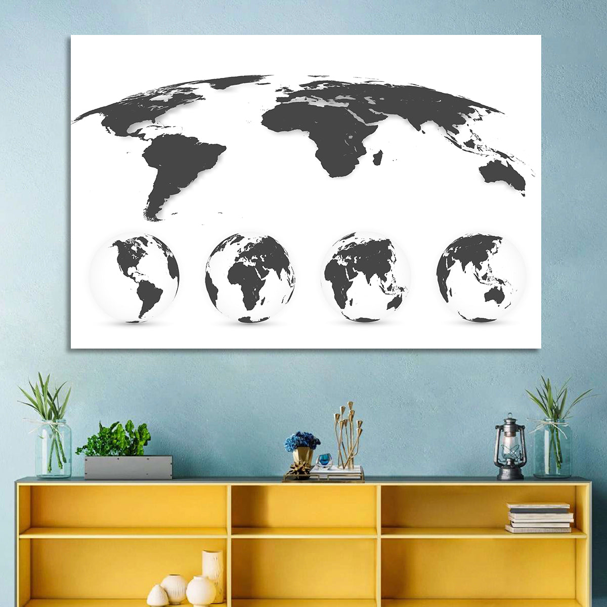 Stylized World Map and Globe Icons Wall Art in a room, landscape