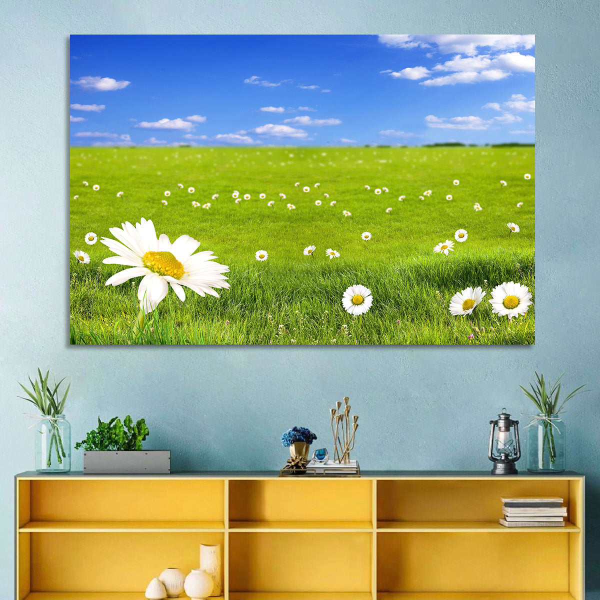 Spring Daisy Meadow Wall Art in a room, landscape