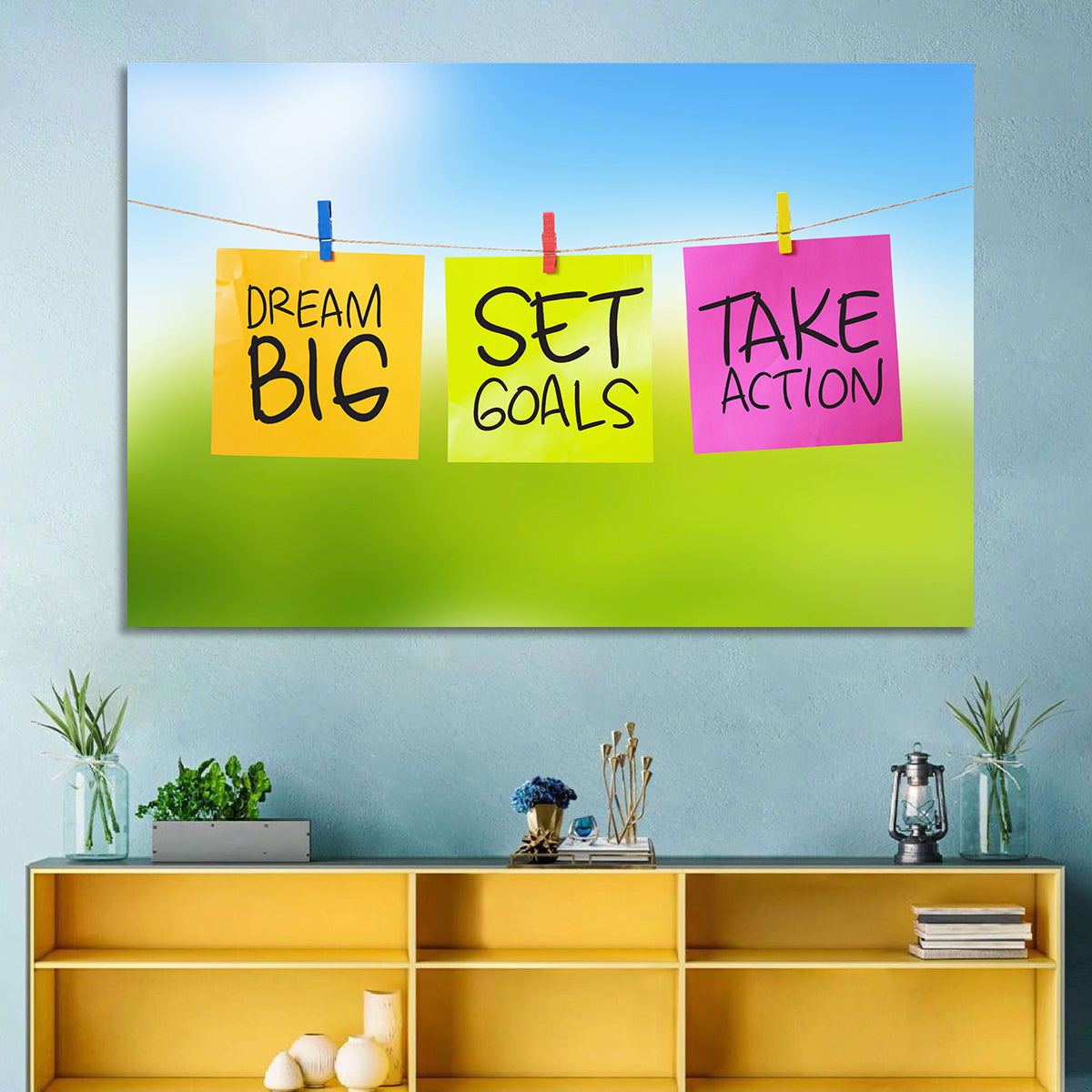 Dream Big Sticky Note Trio Wall Art in a room, landscape