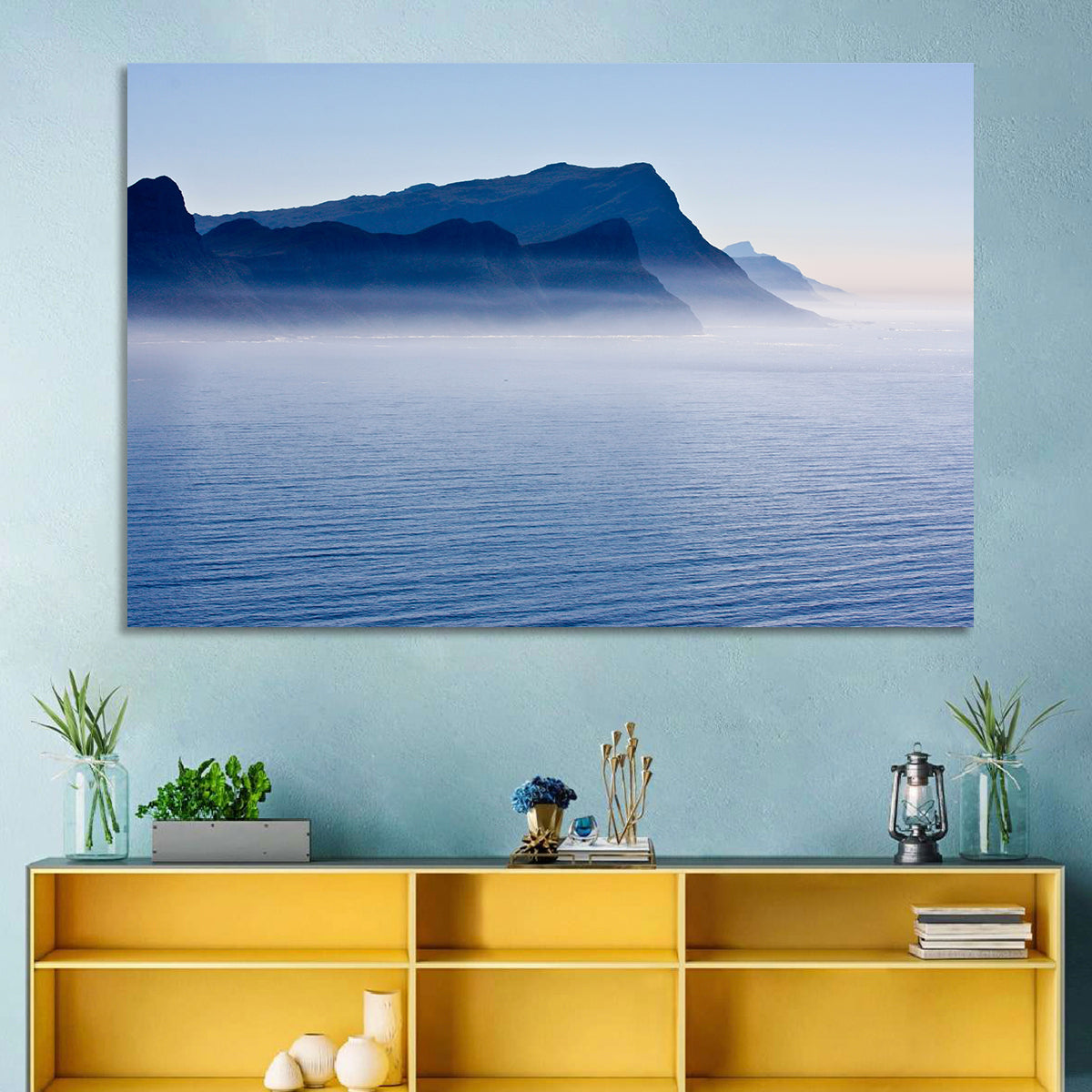 Misty Coastal Cliffs and Mountain Layers Wall Art in a room, landscape
