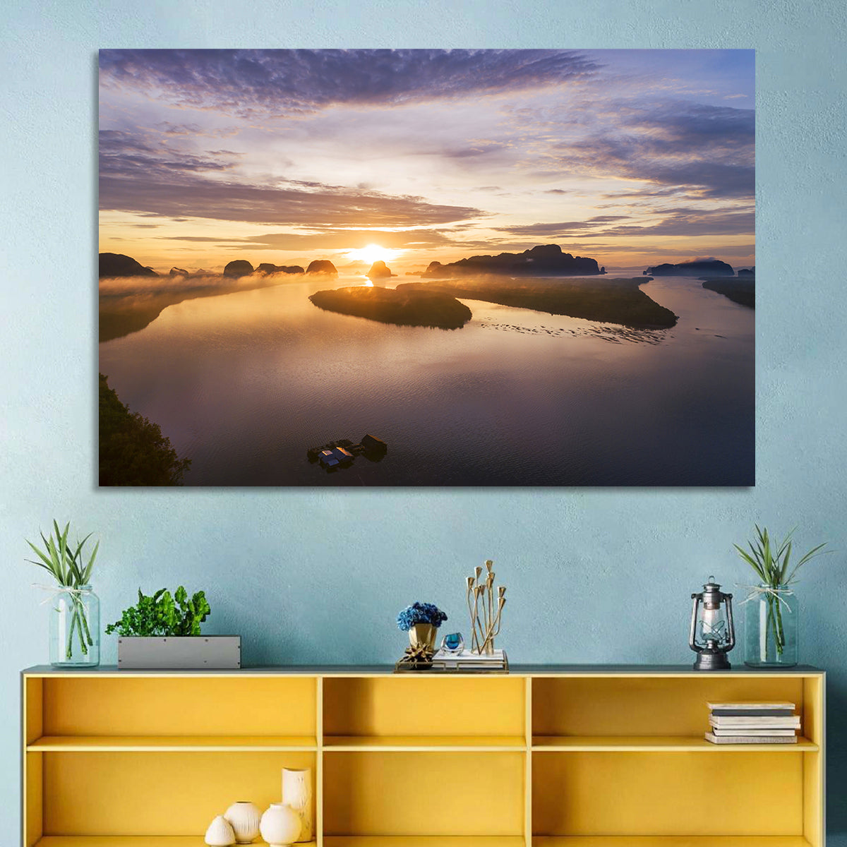 Phang Nga Bay Sunrise Wall Art in a room, landscape