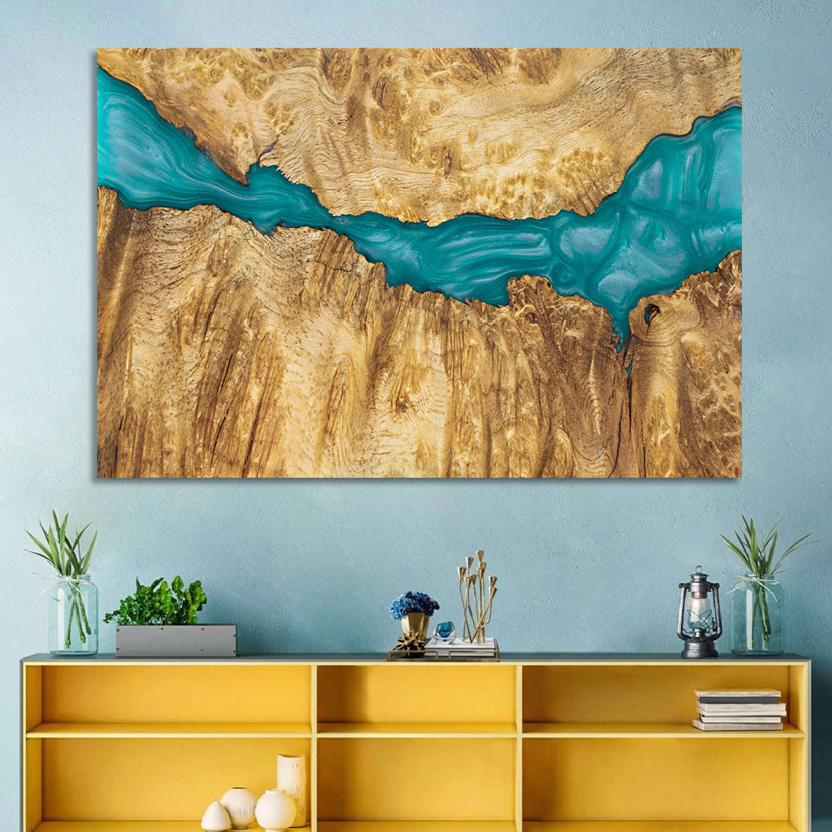 Burled Wood River with Teal Resin Wall Art in a room, landscape