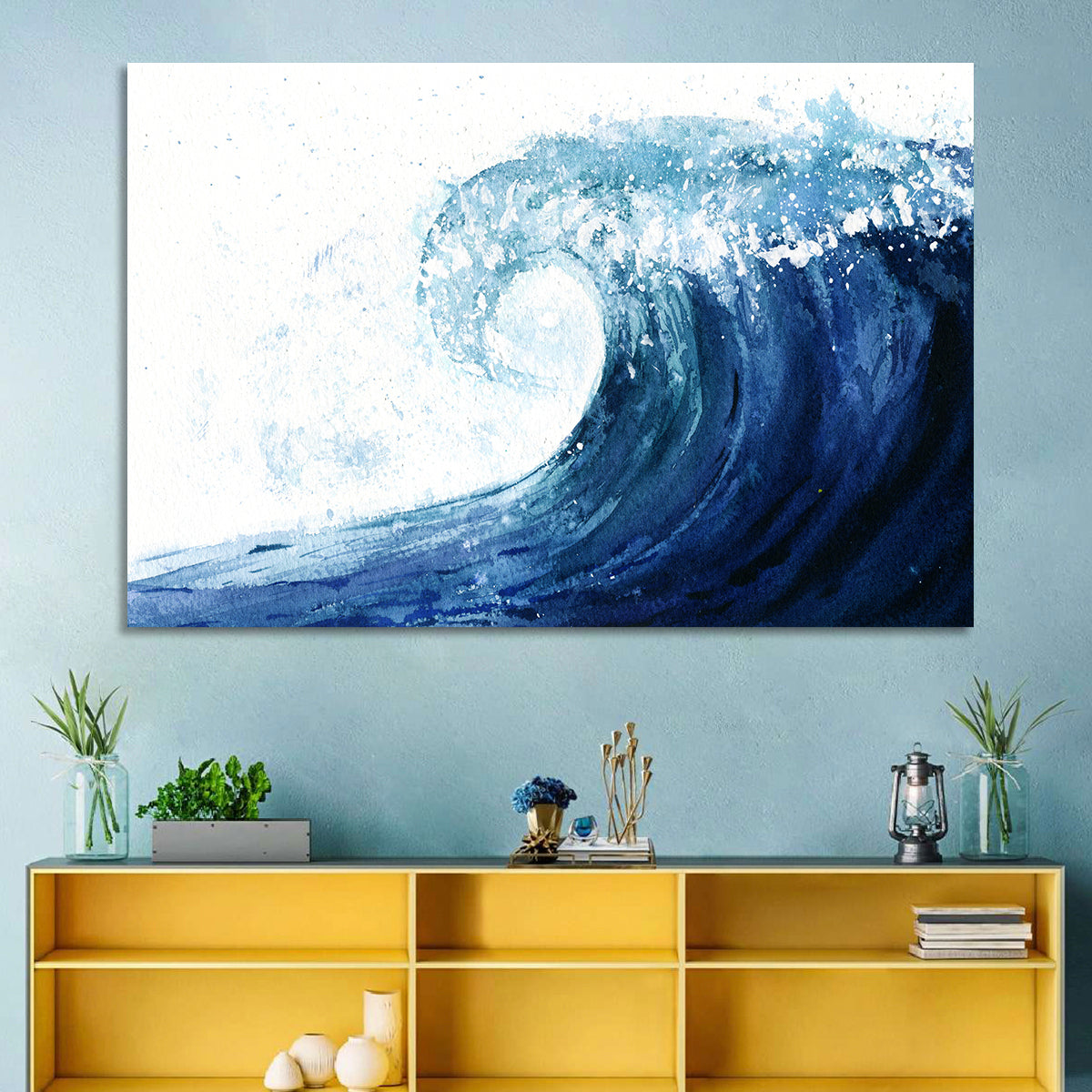 Watercolor Cresting Wave Wall Art in a room, landscape