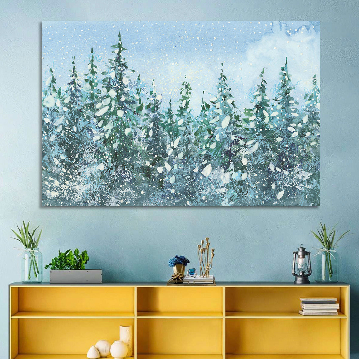 Snowy Spruce Forest Wall Art in a room, landscape