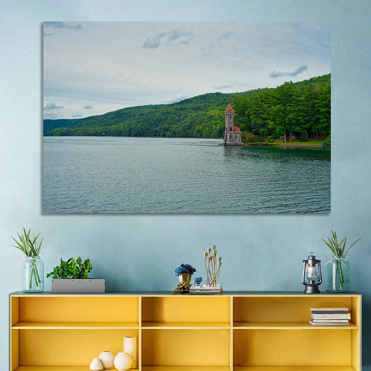 Otsego Lake View with Stone Tower Wall Art in a room, landscape