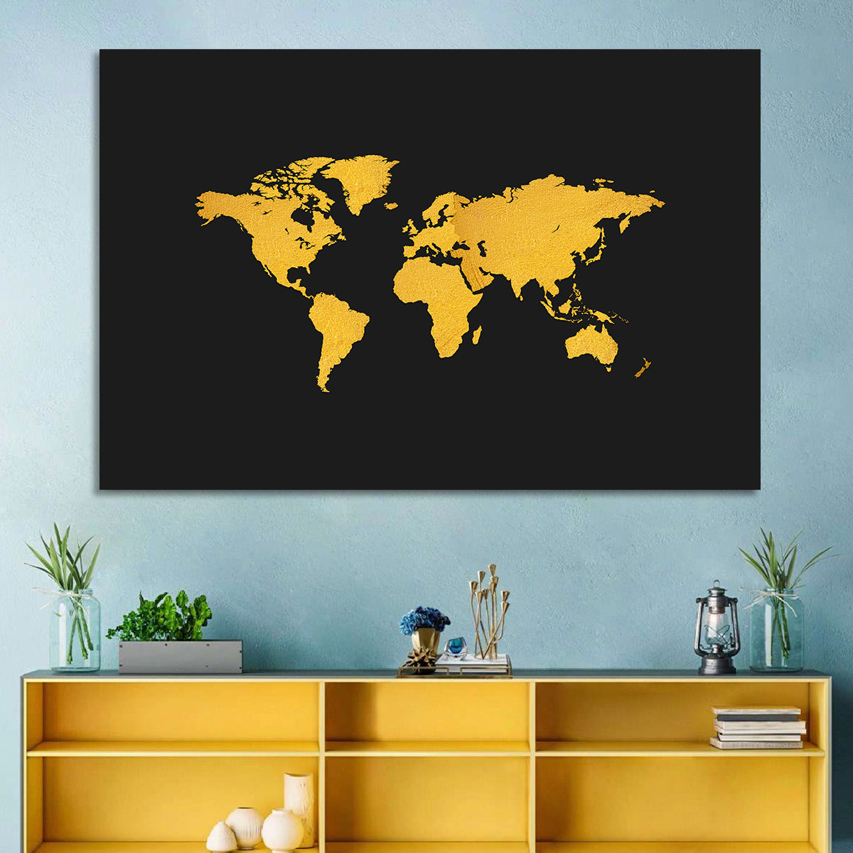 Gold Texture World Map Wall Art in a room, landscape