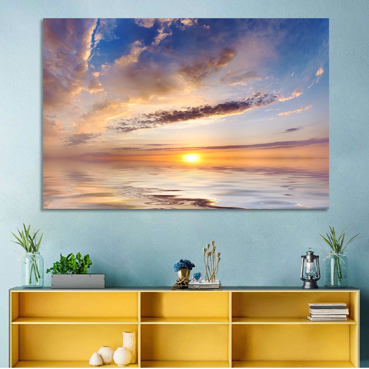 Sunlit Clouds Over Calm Sea Wall Art in a room, landscape
