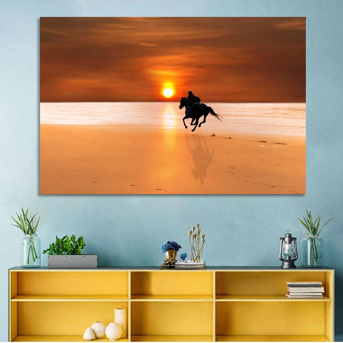 Horse and Rider at Sunset Wall Art in a room, landscape