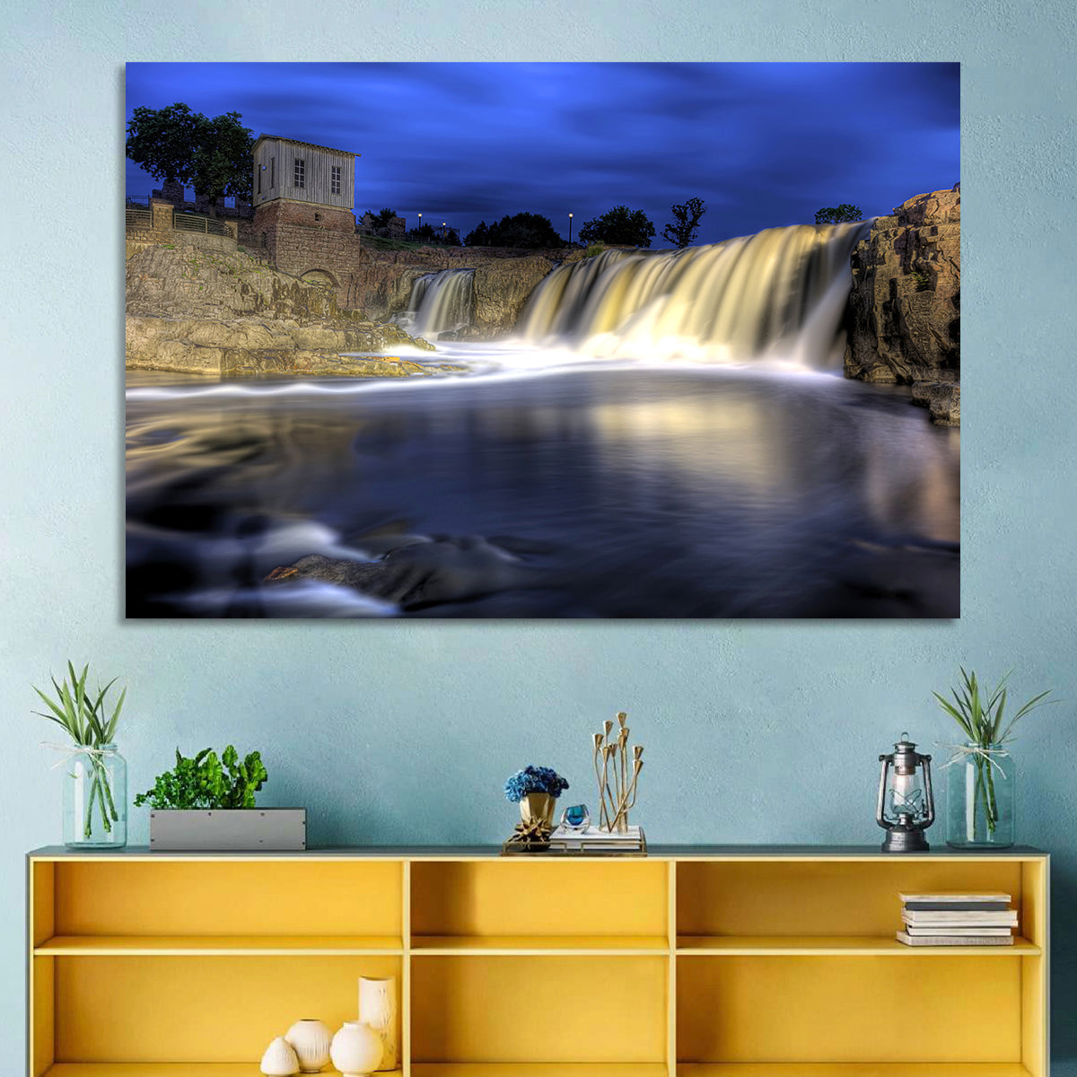 Queen Bee Mill Waterfall Wall Art in a room, landscape