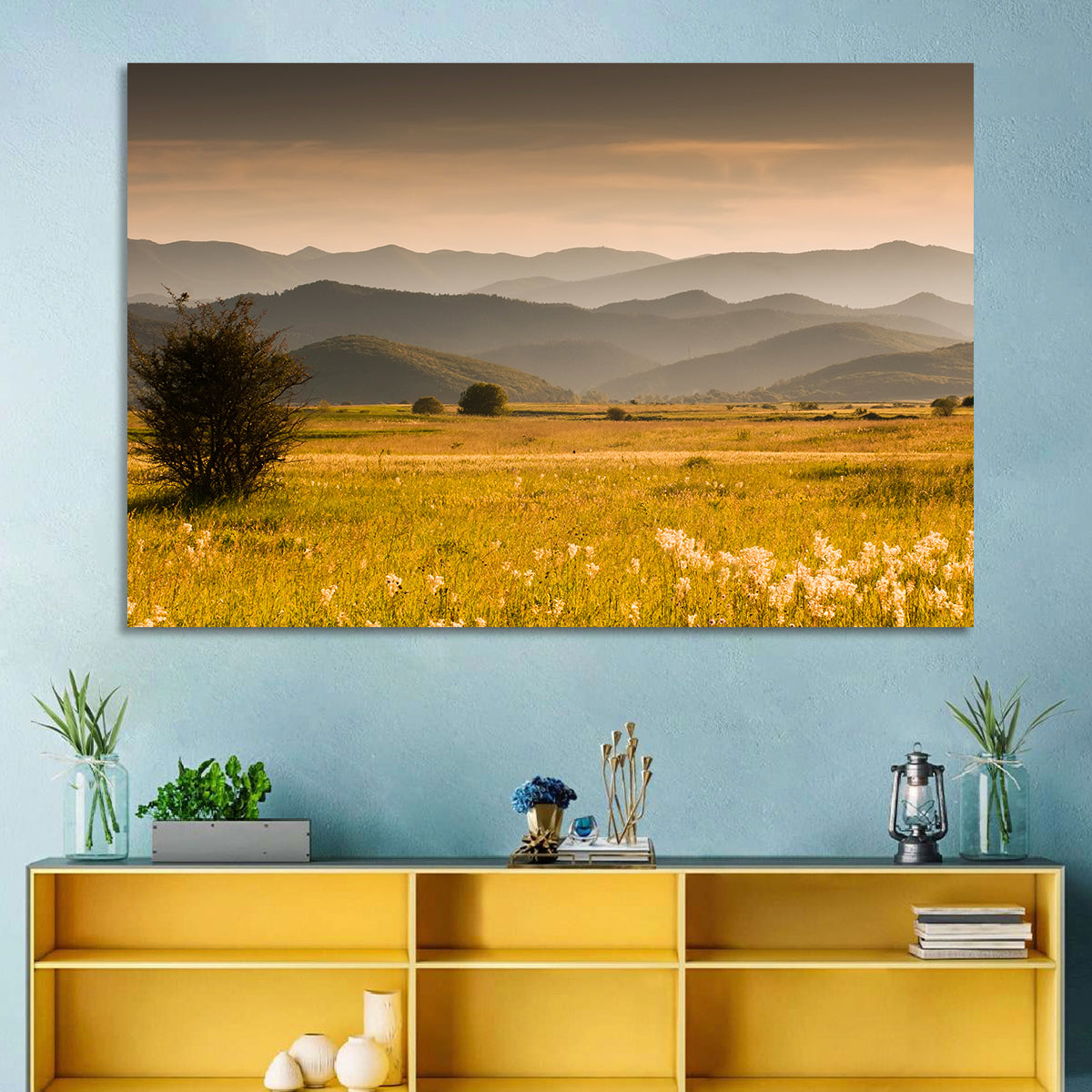 Golden Hour Countryside Hills Wall Art in a room, landscape