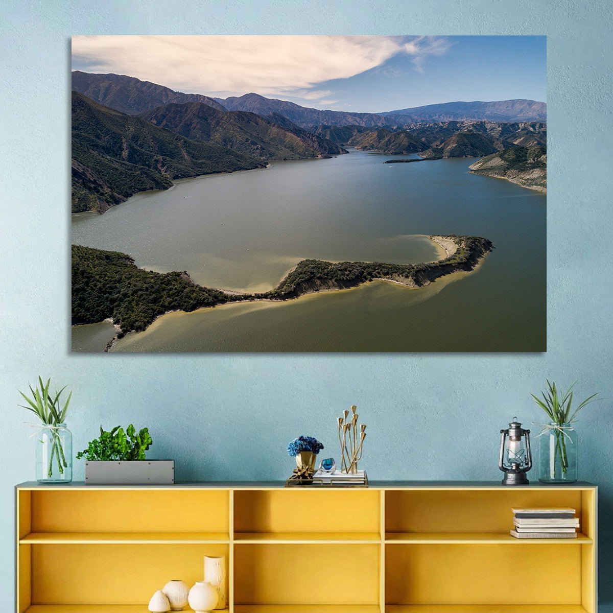 Pyramid Lake Aerial View Wall Art in a room, landscape