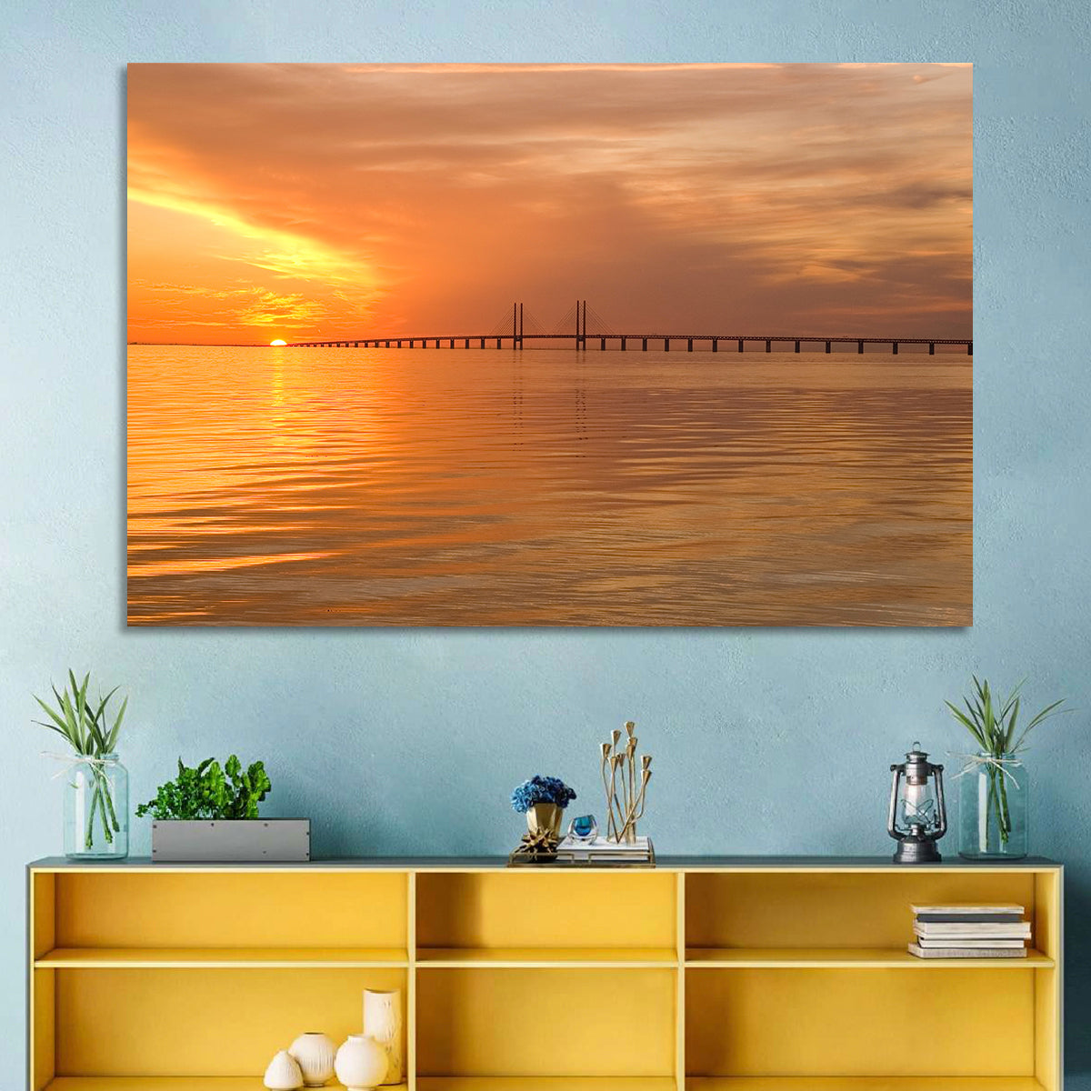 Øresund Bridge in Golden Light Wall Art in a room, landscape