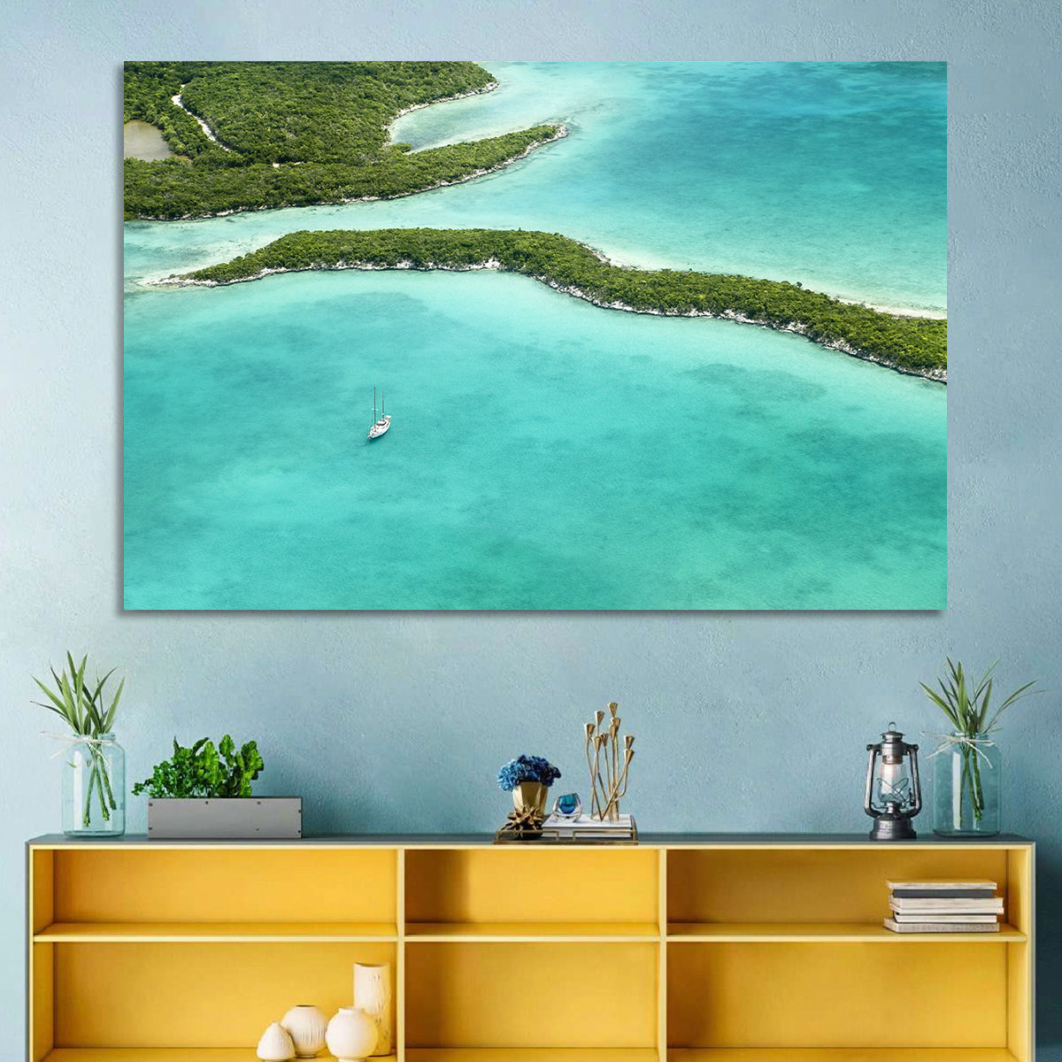 Turquoise Bahamas Islands Wall Art in a room, landscape