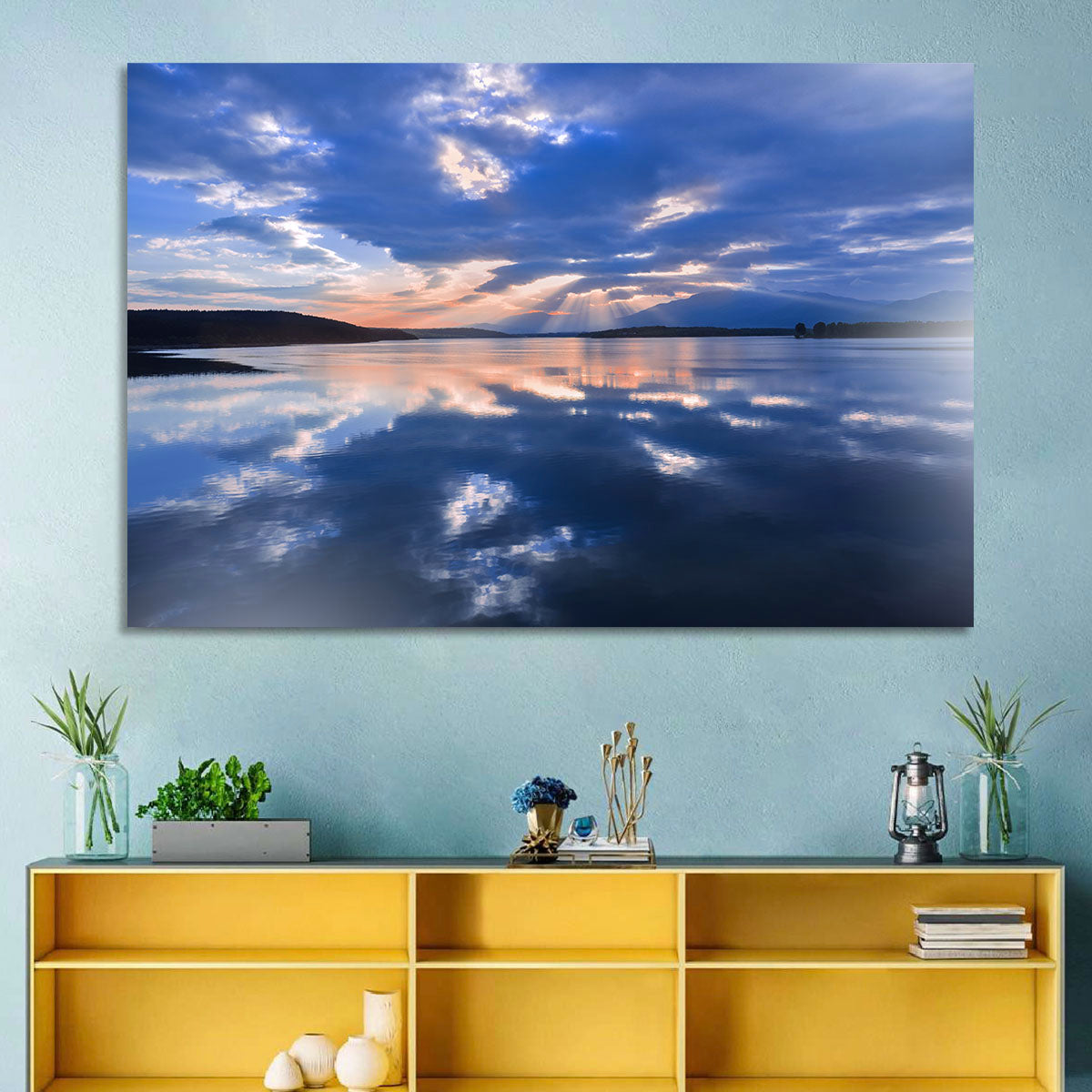 Cloudy Summer Lake Wall Art in a room, landscape
