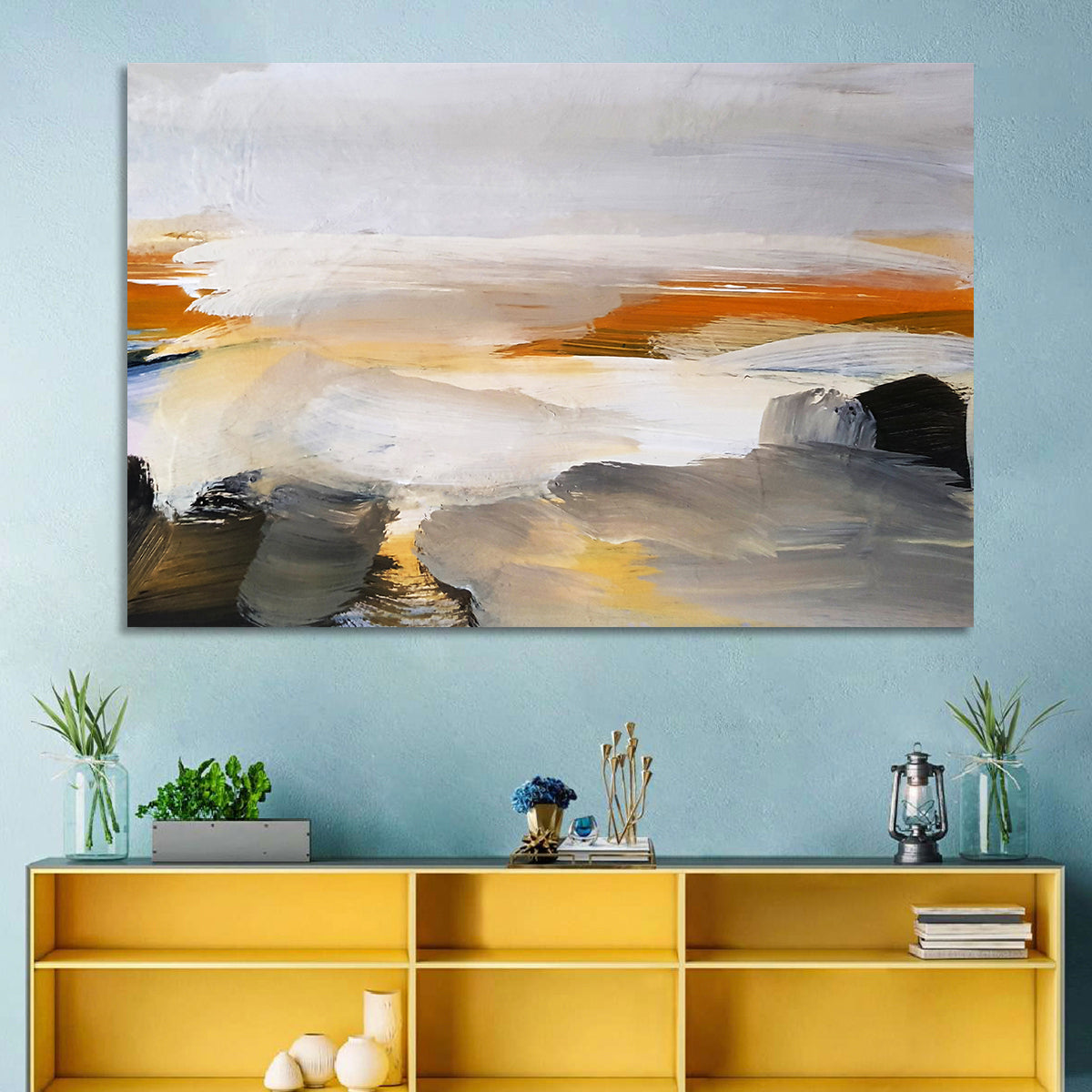 Misty Coastal Horizon Wall Art in a room, landscape