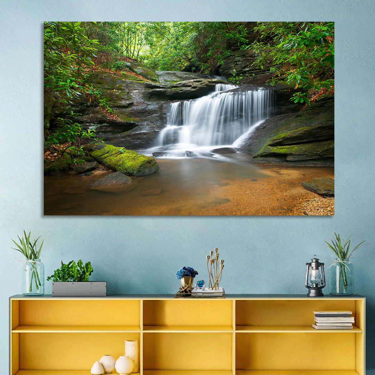 Blue Ridge Mossy Waterfall Wall Art in a room, landscape