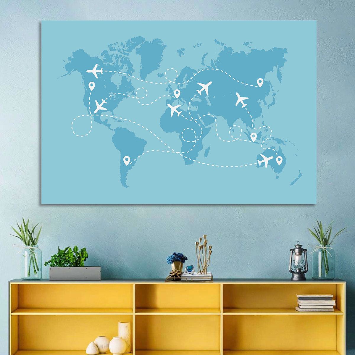 World Flight Routes Map Wall Art in a room, landscape