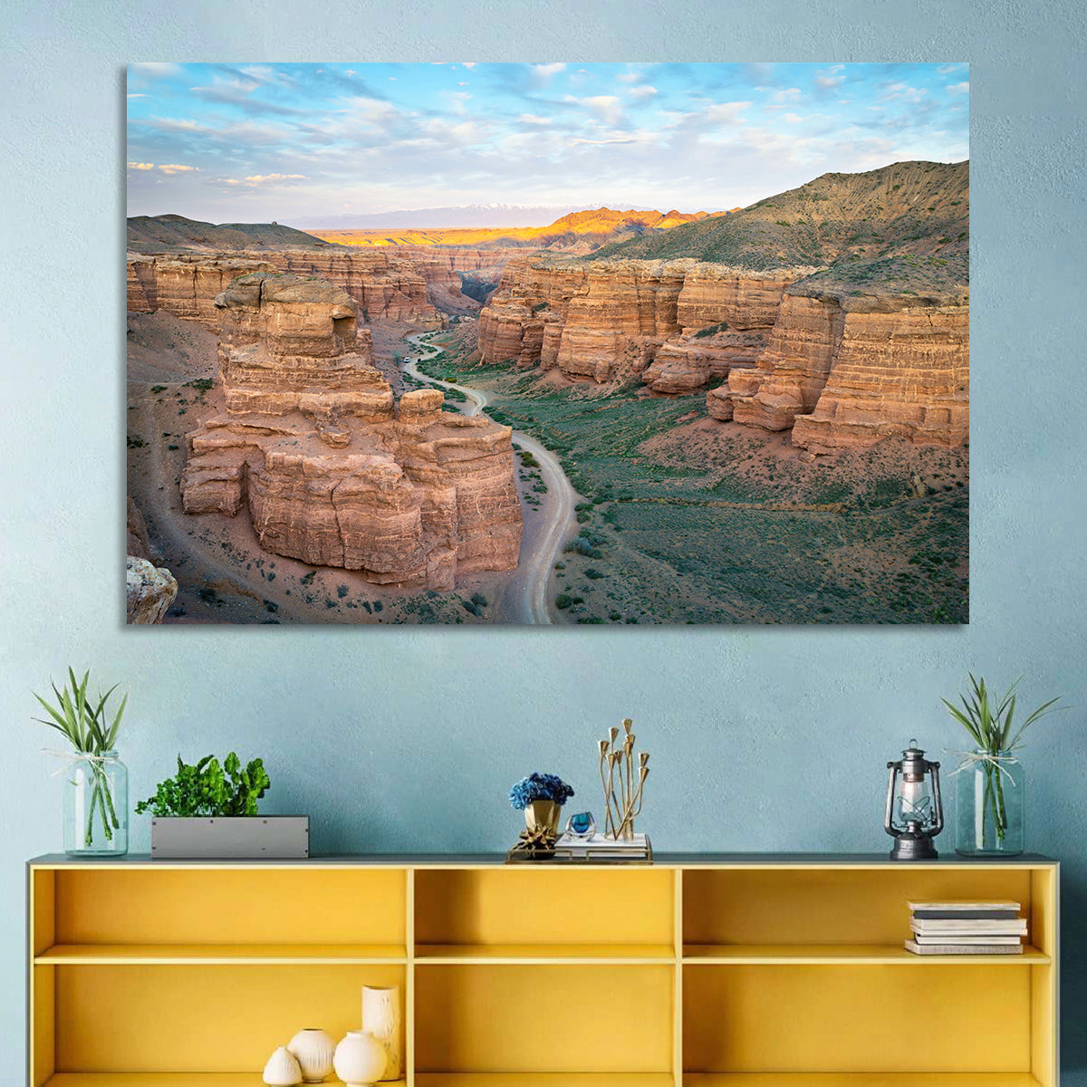 Charyn Canyon at Golden Hour Wall Art in a room, landscape