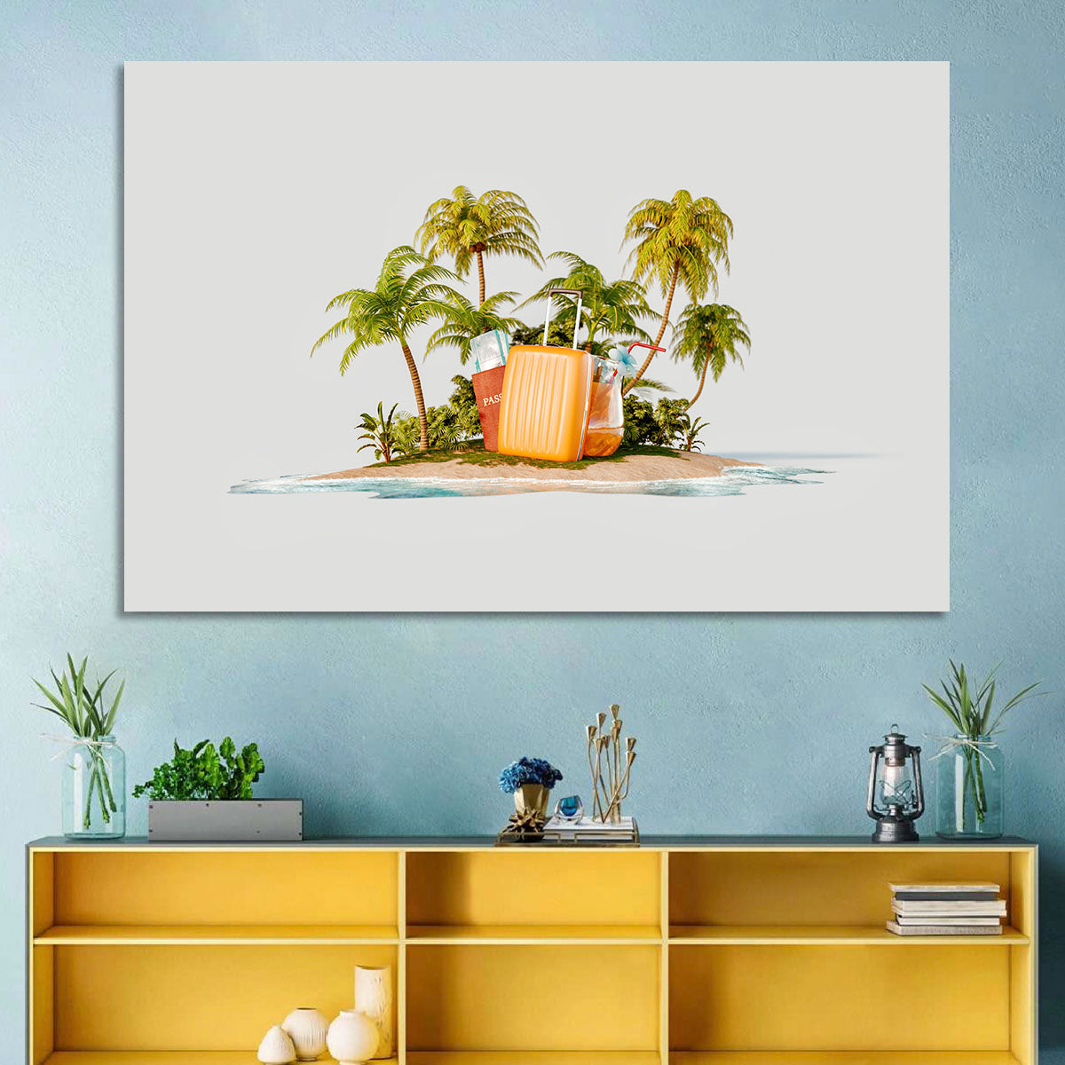 Tropical Island Vacation Illustration Wall Art in a room, landscape