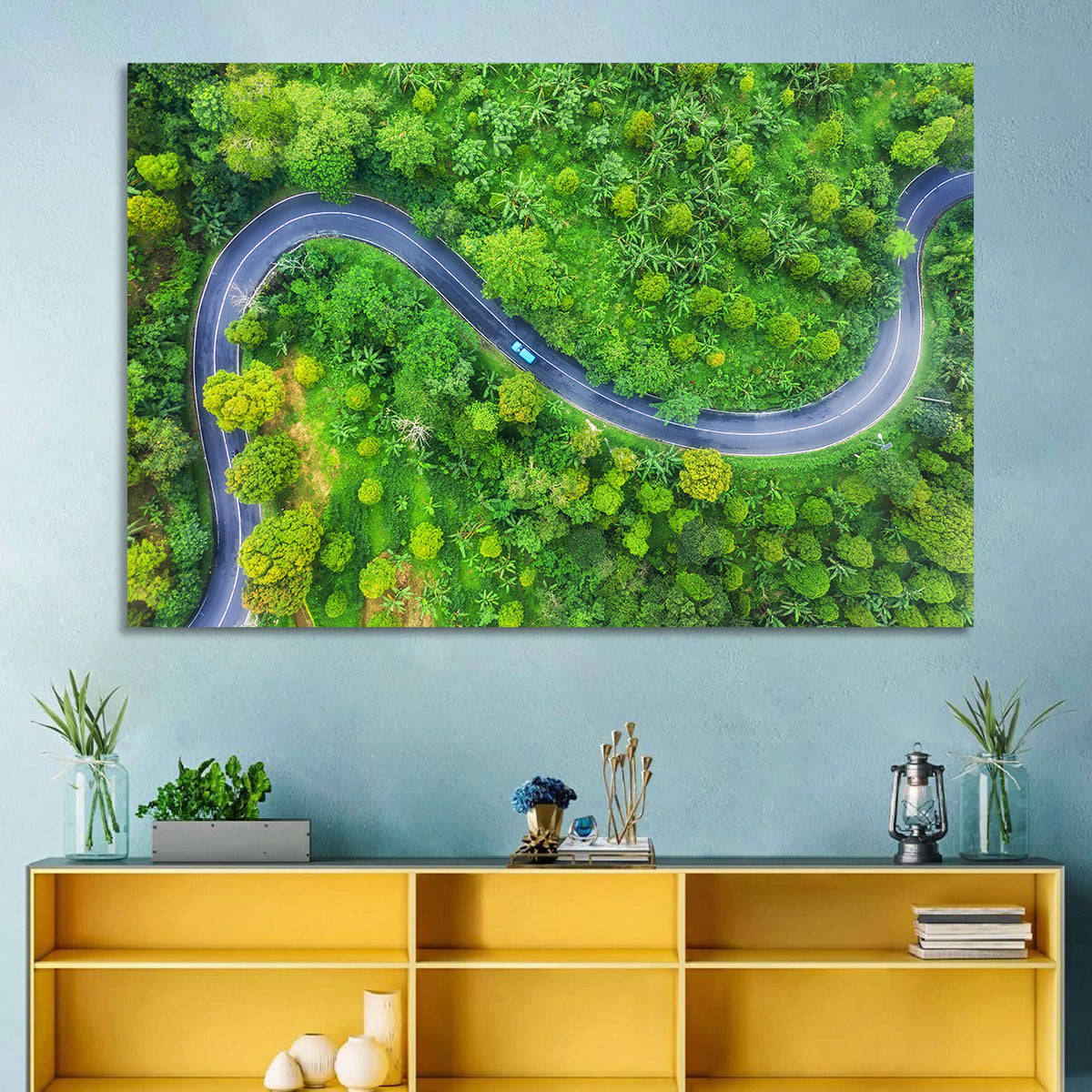 Blue Car on Summer Forest Road Wall Art