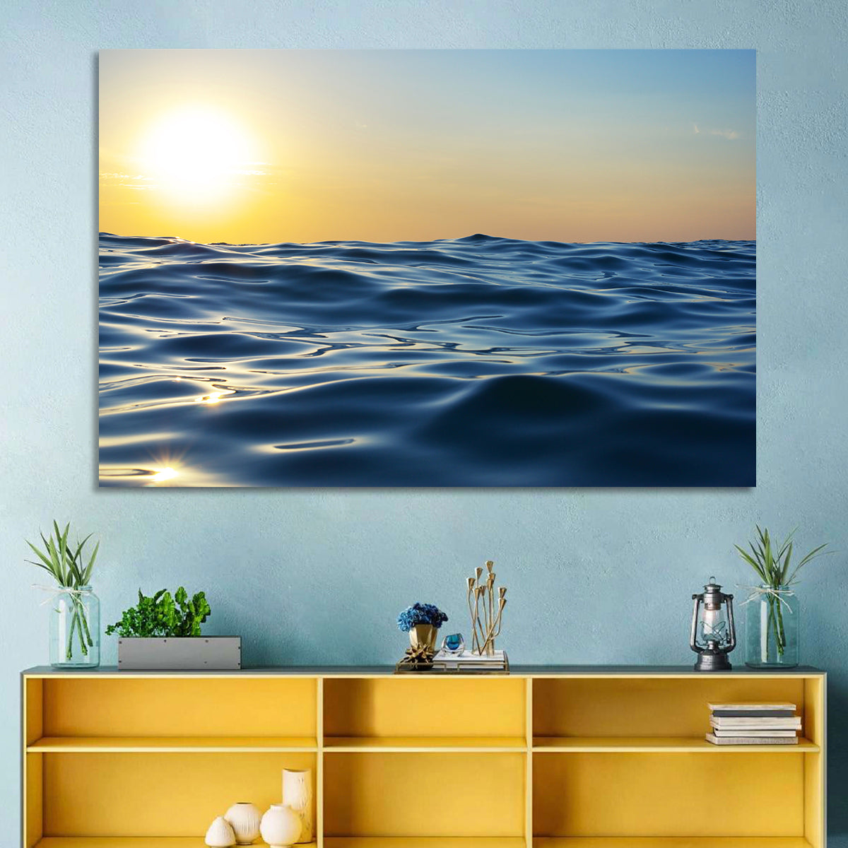 Sunset Over Calm Waves Wall Art in a room, landscape