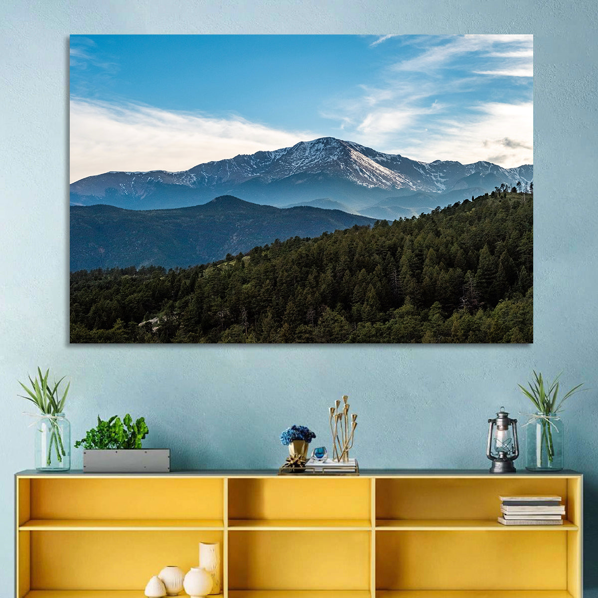Pikes Peak Mountain Landscape Wall Art in a room, landscape