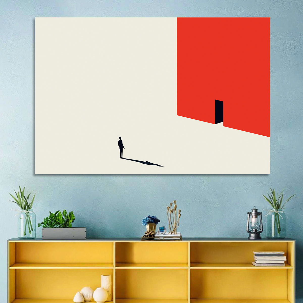 Solitary Figure with Red Door Wall Art in a room, landscape