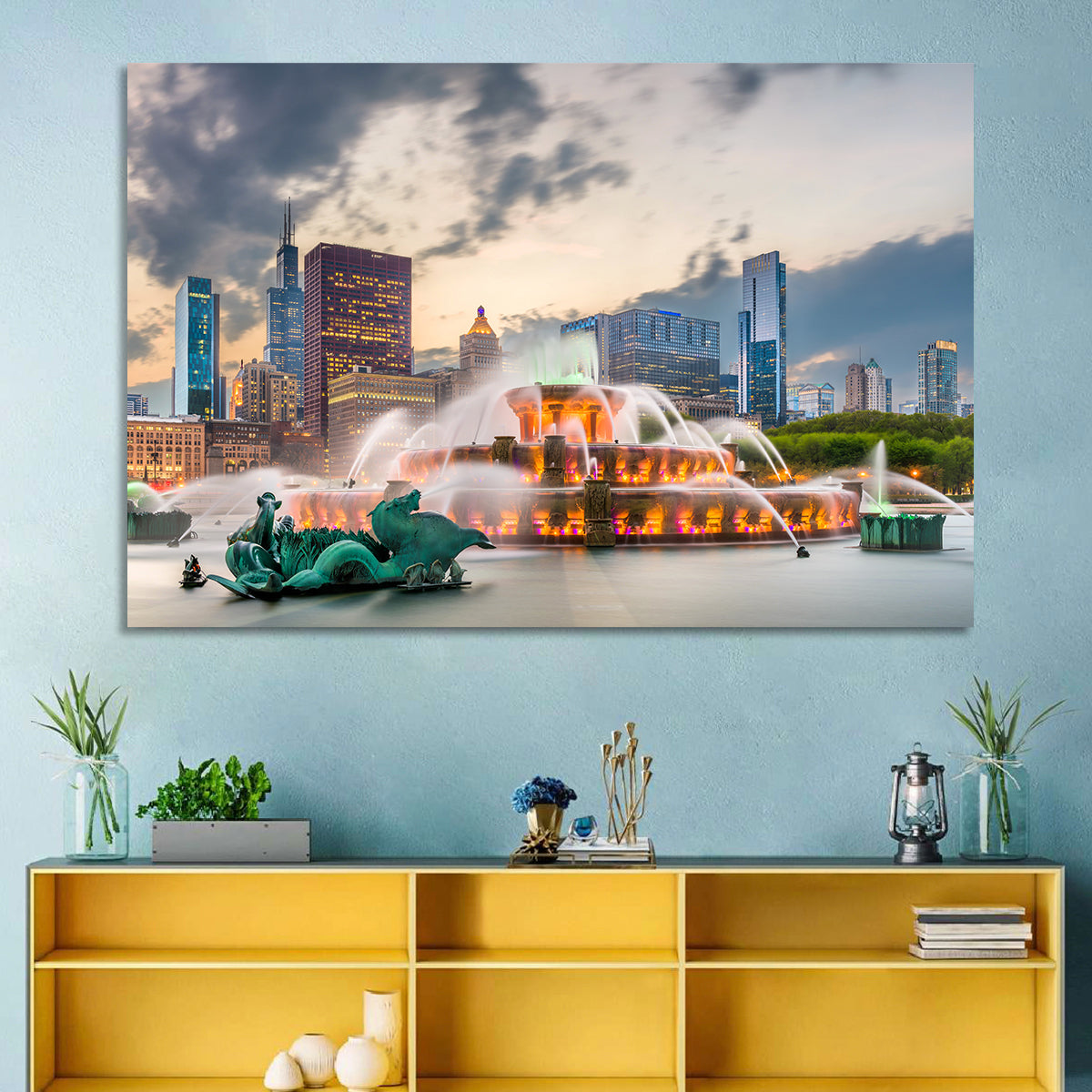 Buckingham Fountain and Chicago Skyline Wall Art in a room, landscape