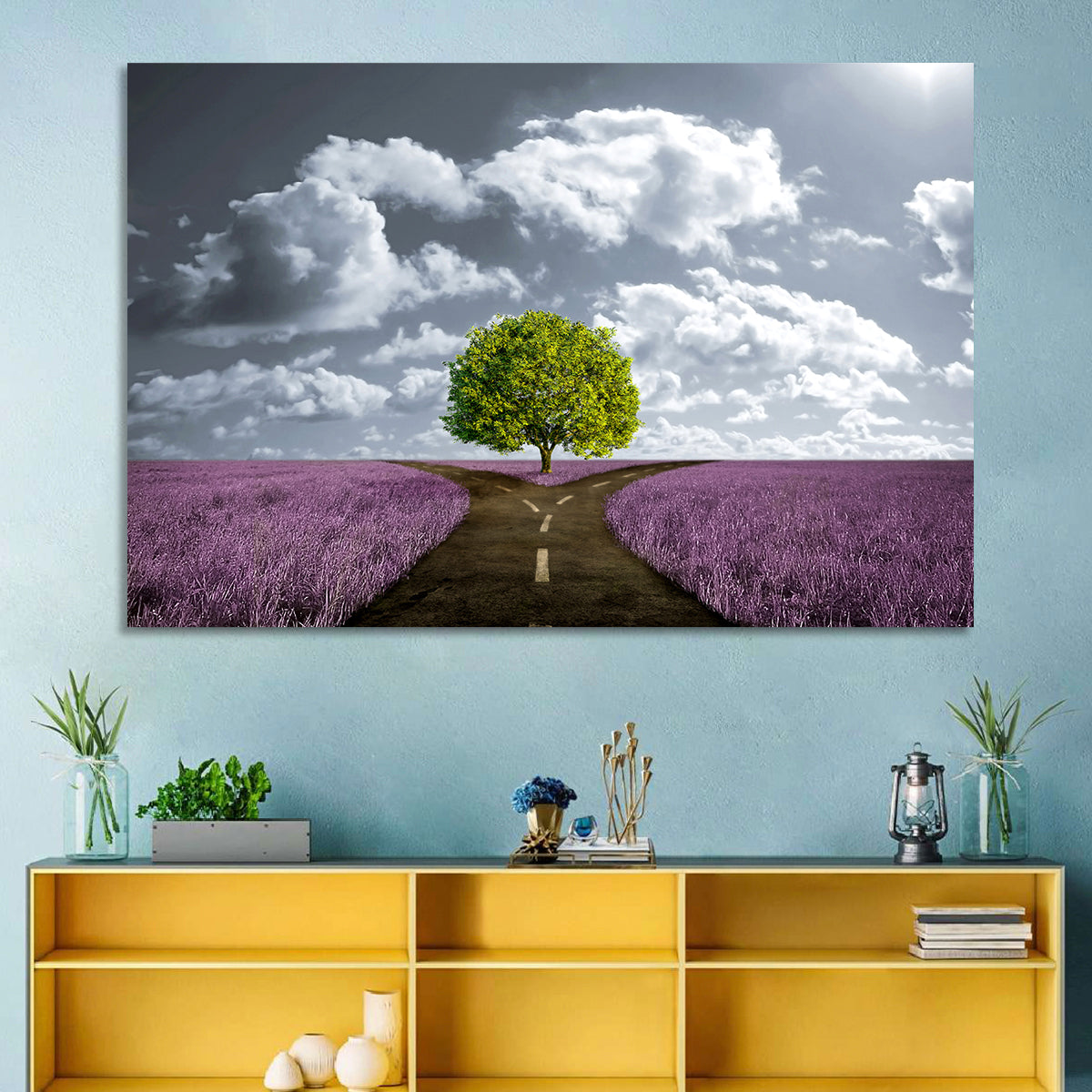 Lavender Field Crossroads with Lone Tree Wall Art in a room, landscape
