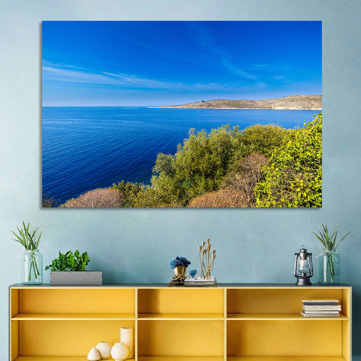 Sunlit Albanian Coastline Wall Art in a room, landscape