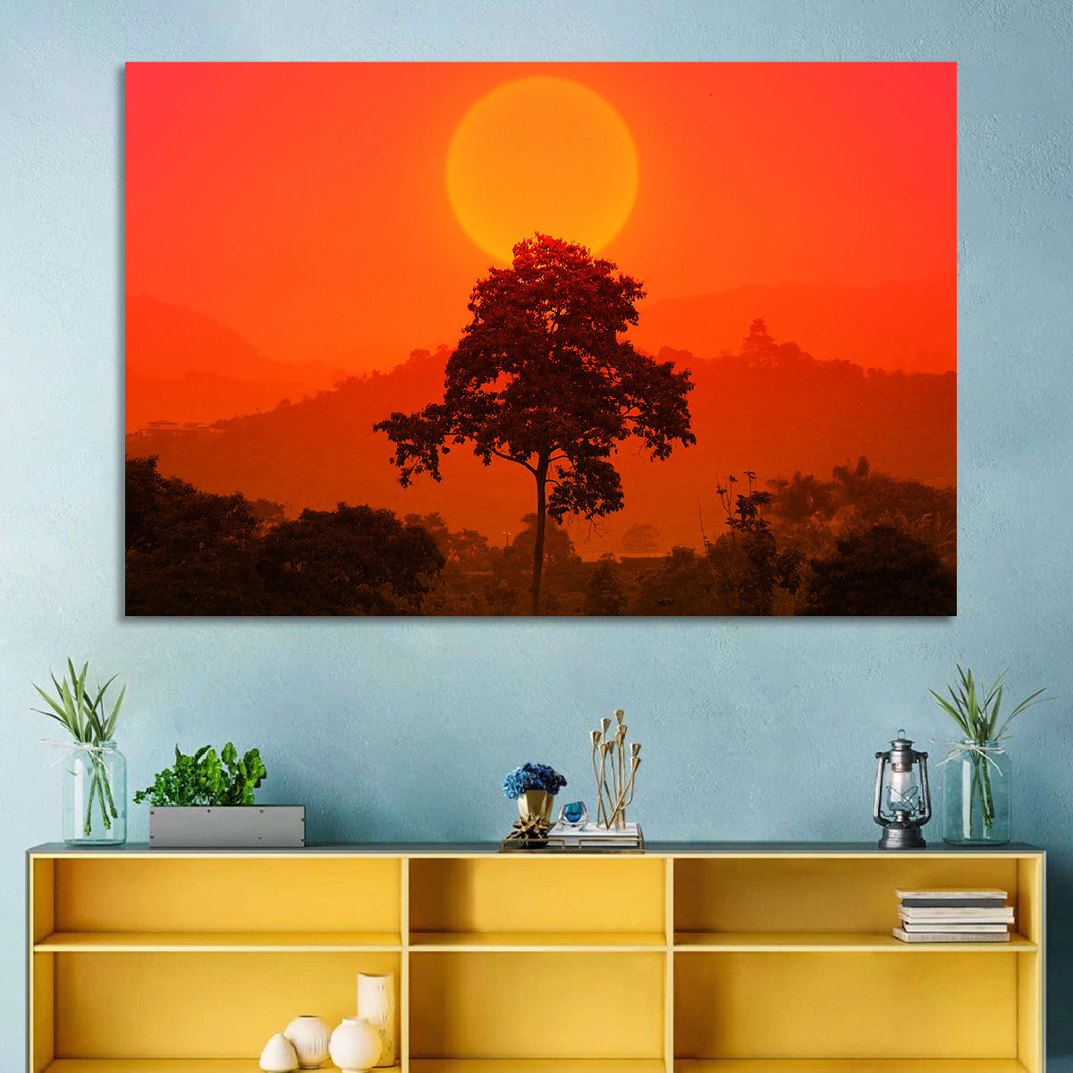 African Summer Sunset Wall Art in a room, landscape