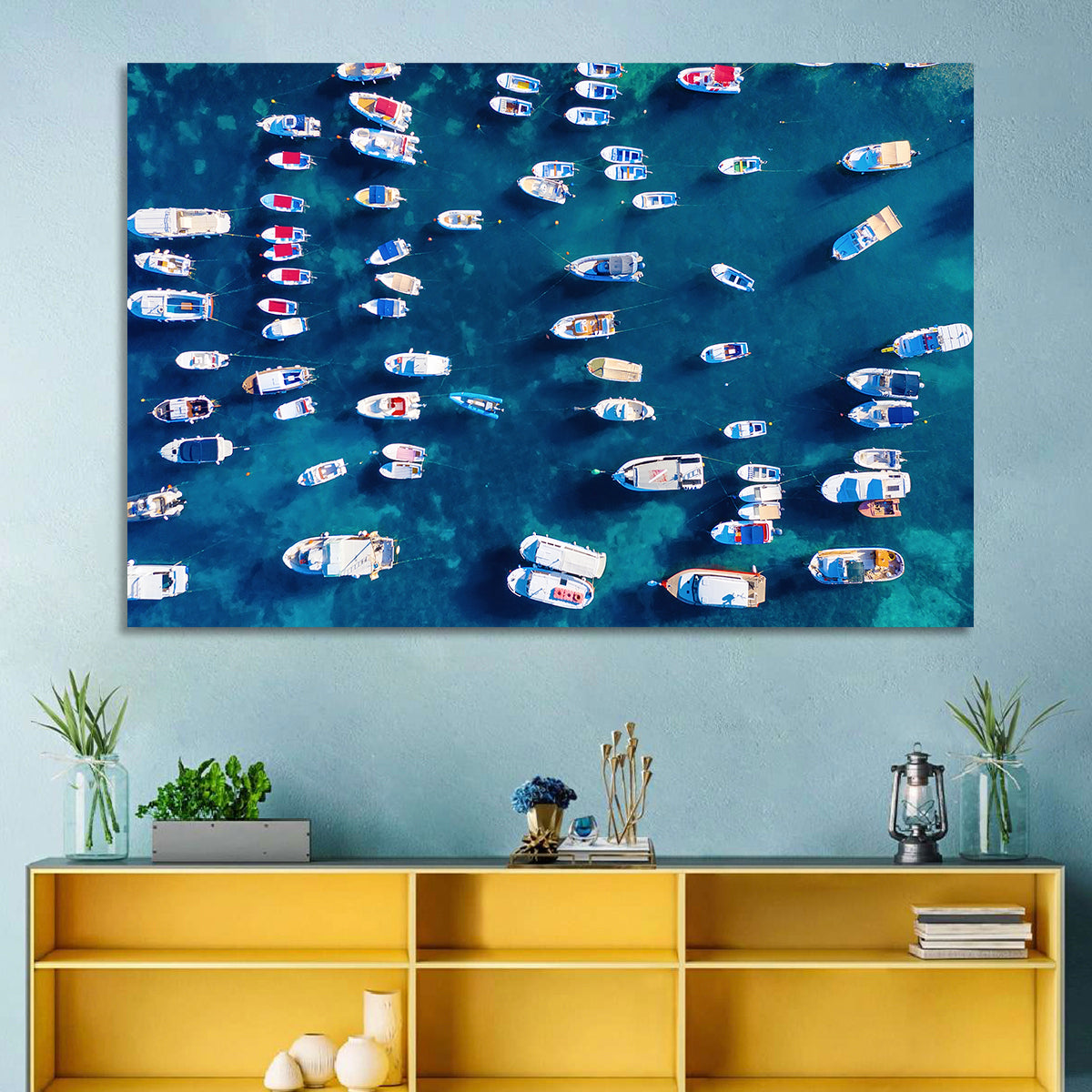 Aerial Boats Over Turquoise Sea Wall Art in a room, landscape