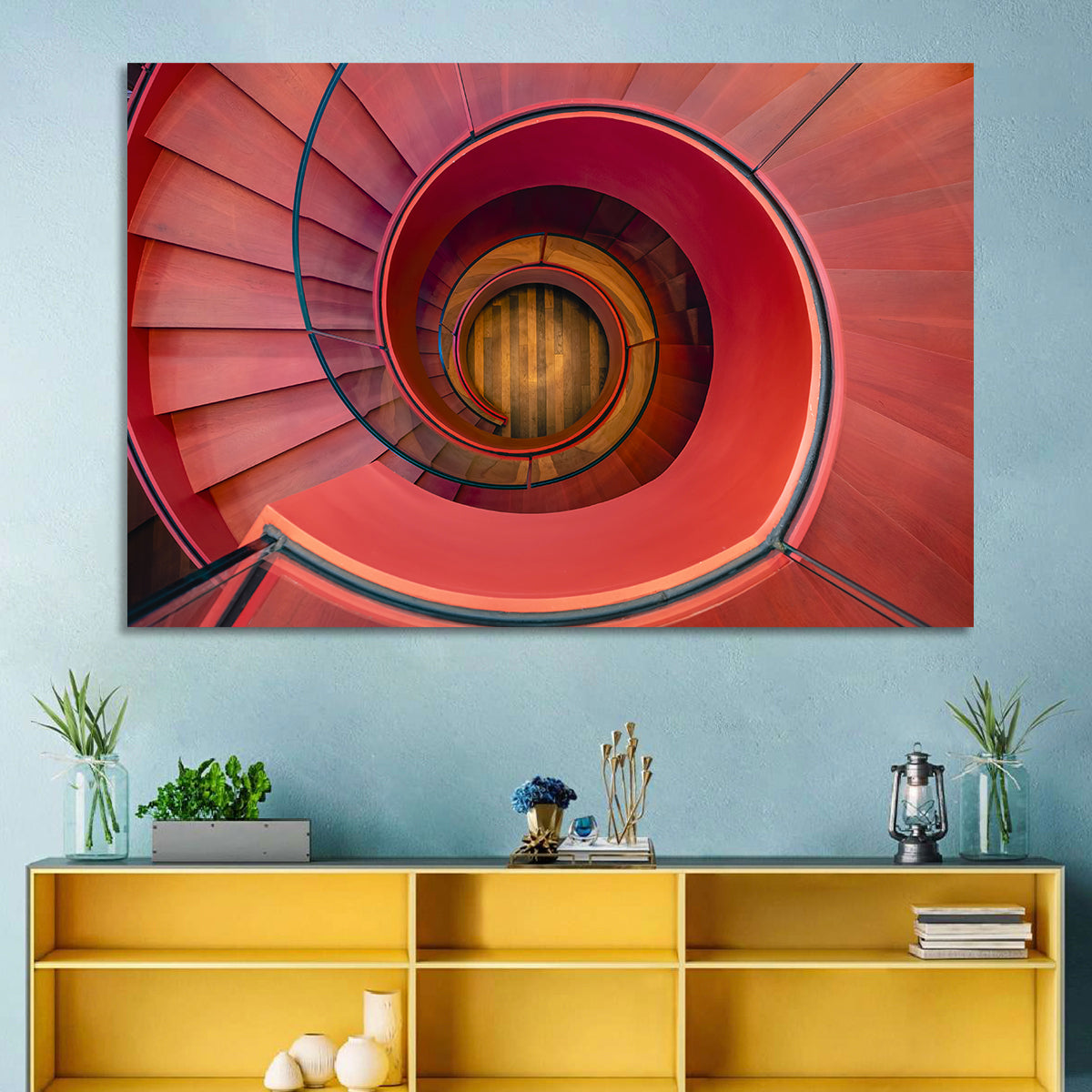 Red Spiral Staircase Wall Art in a room, landscape