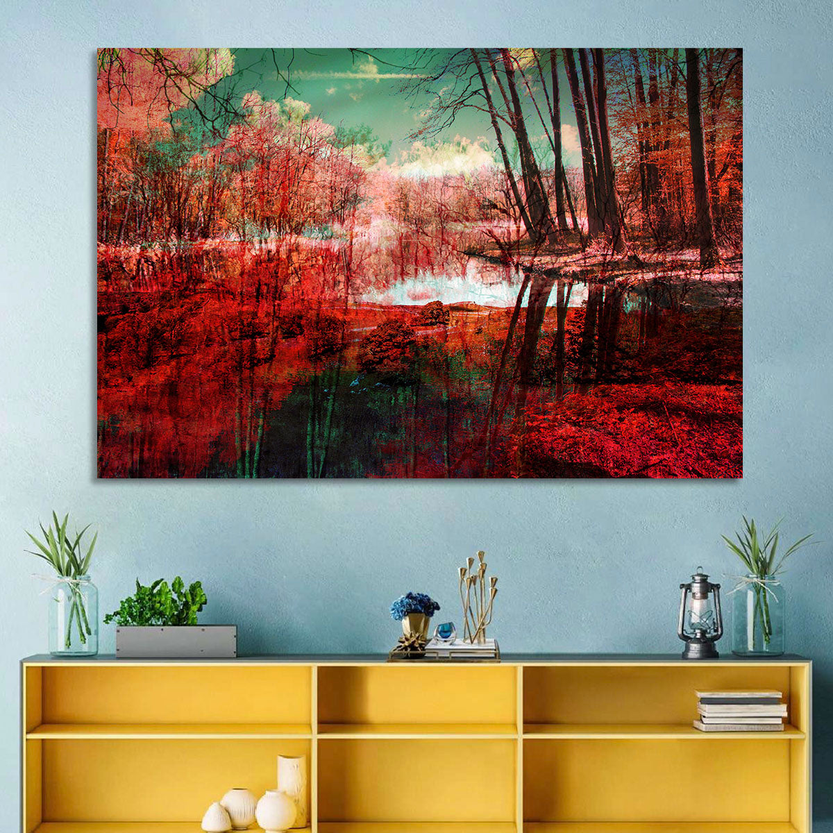 Red Forest Reflection Wall Art in a room, landscape