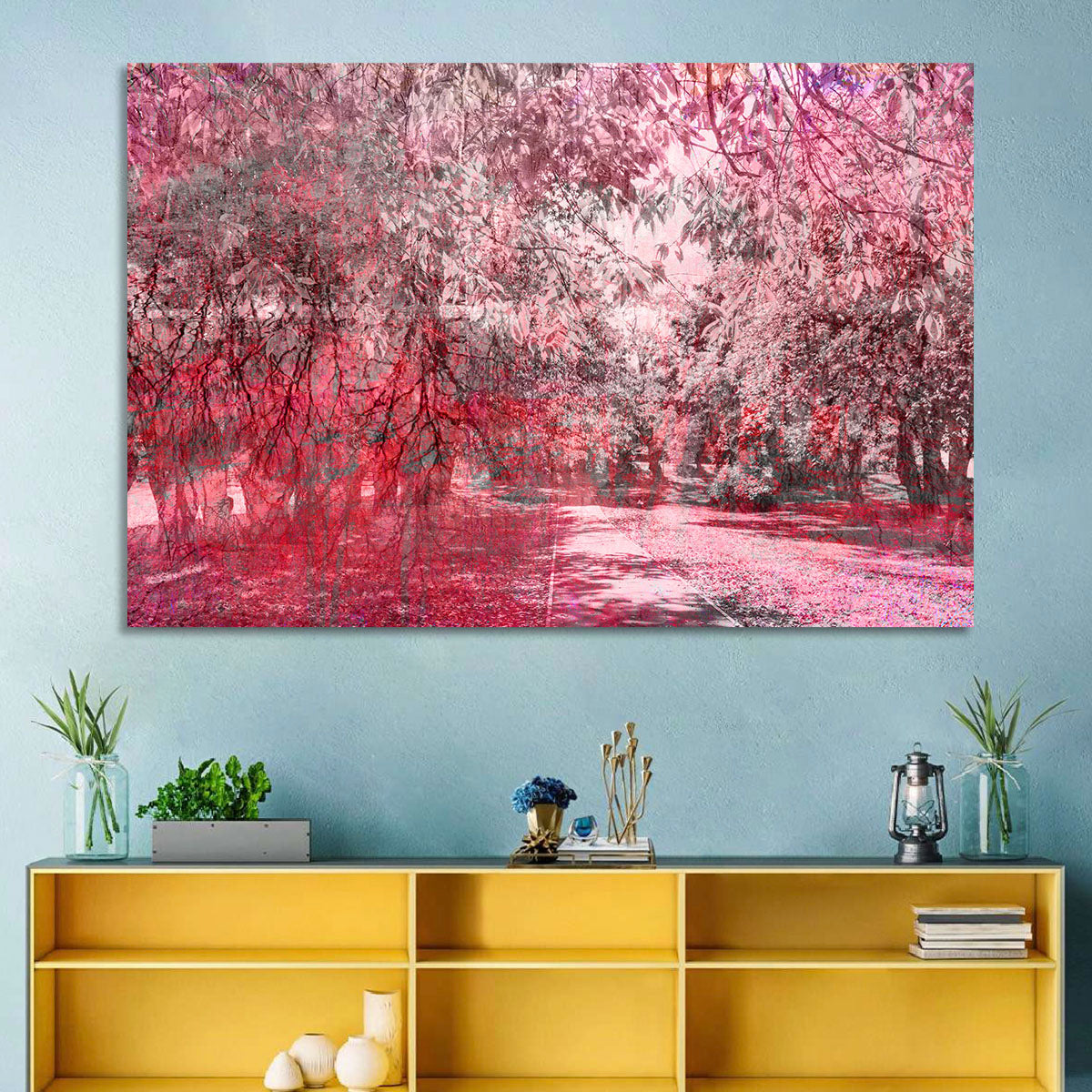 Pink Autumn Pathway Wall Art in a room, landscape