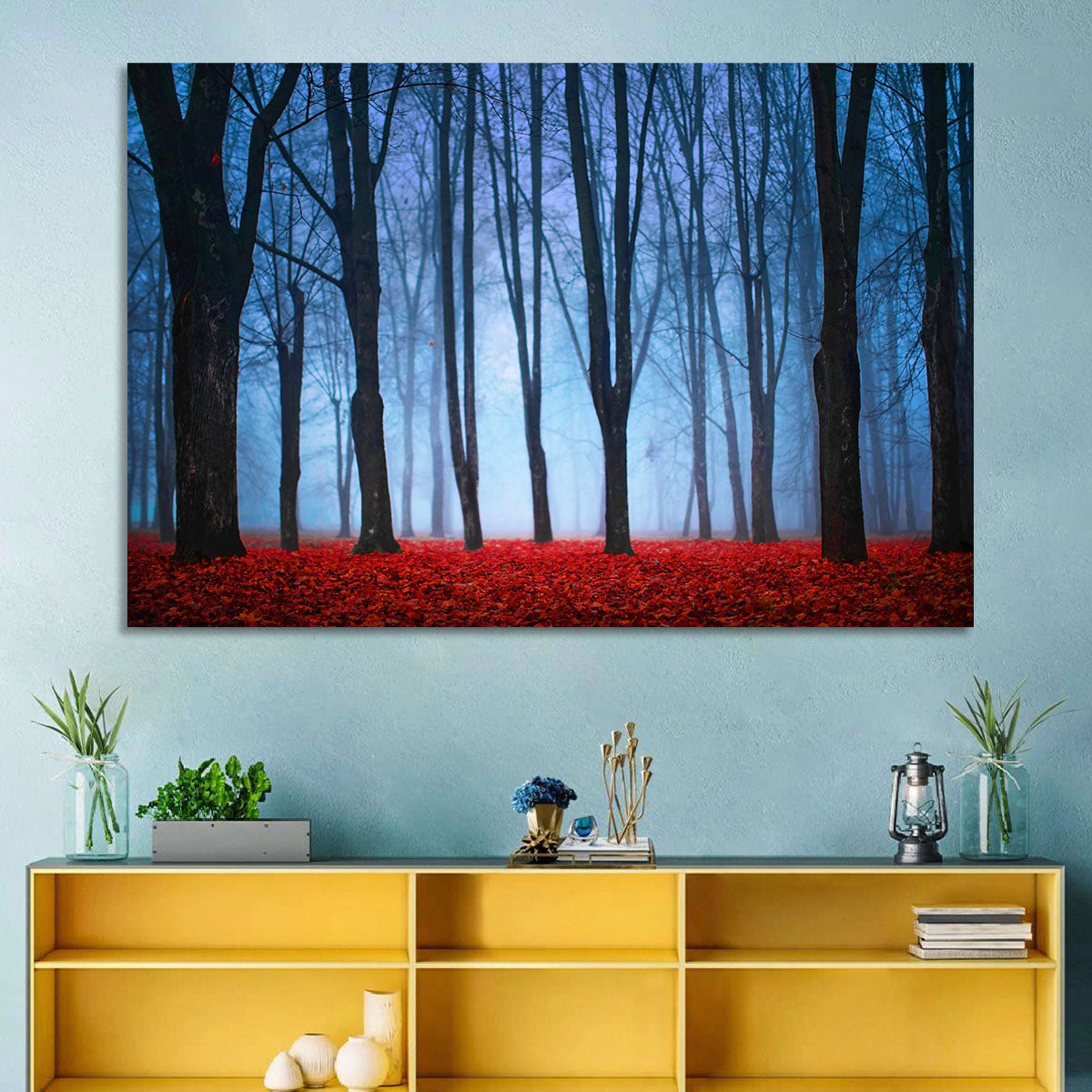 Mystical Autumn Forest Wall Art in a room, landscape