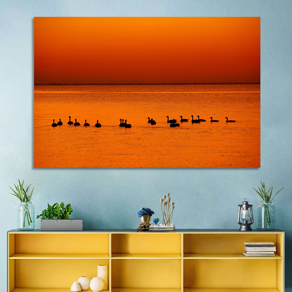 Geese Silhouettes at Orange Sunset Wall Art