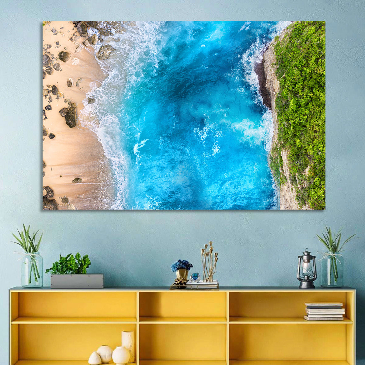 Aerial Turquoise Beach Cliffs Wall Art in a room, landscape
