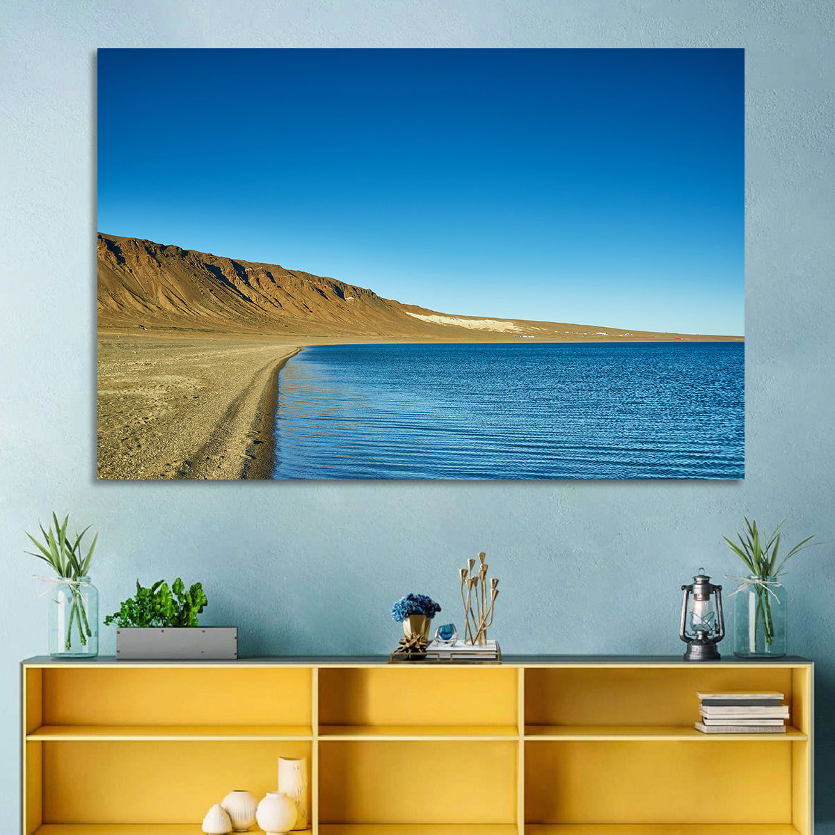 Khyargas Nuur Shoreline Wall Art in a room, landscape