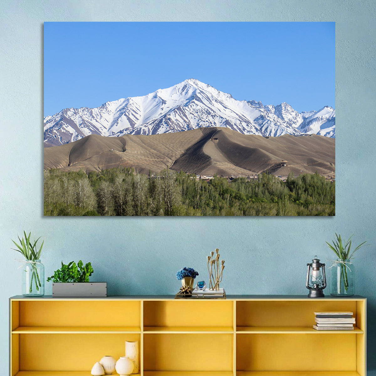 Afghan Snow-capped Peaks Above Forested Foothills Wall Art in a room, landscape
